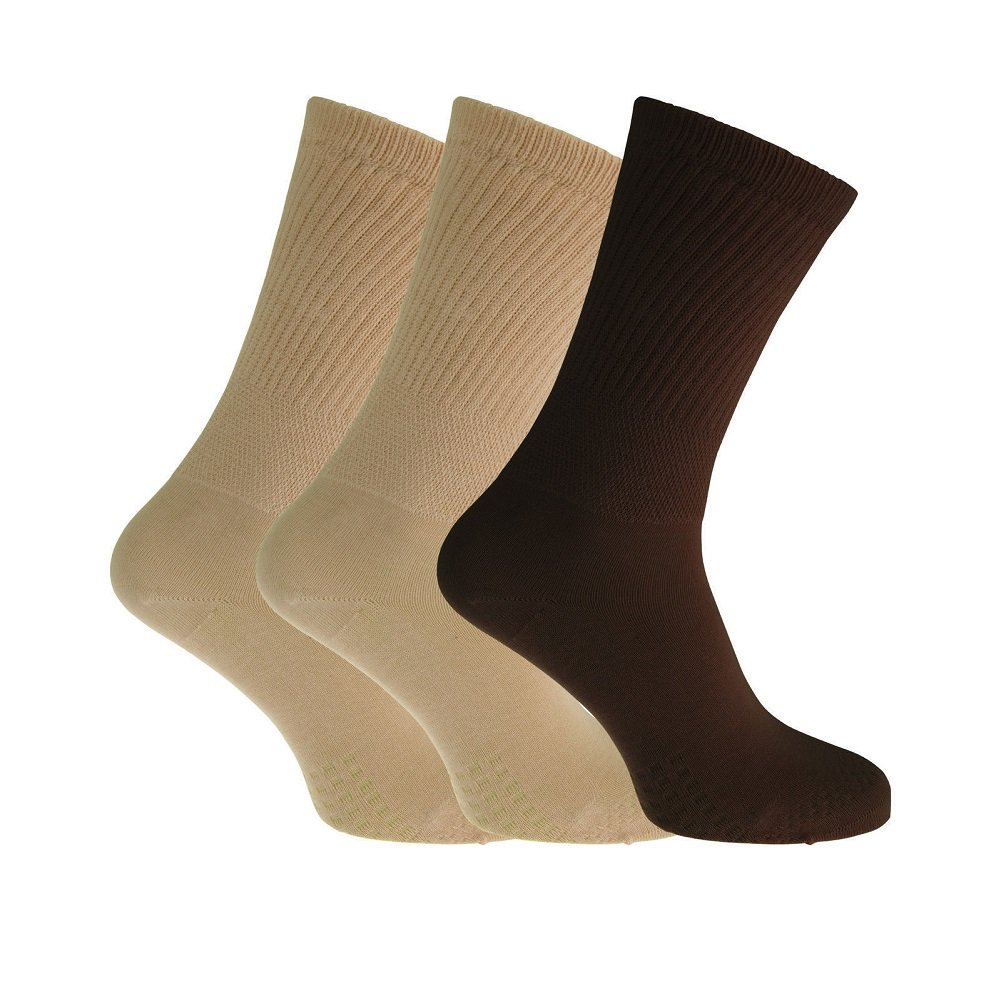 Footdoctor Medical Diabetic Extra Wide Up to 24" Stretch! Socks Non-Compression Antibacterial Cotton 3 Pack Ladies (beige/brown)