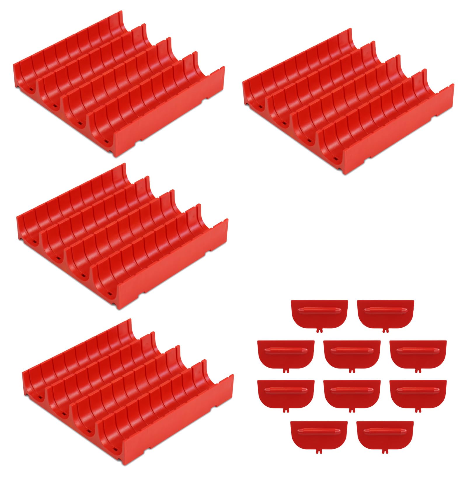 Mulden-Platten Set rot, mit 4 Stück Mulden-Elementen 148x148x28 mm inkl. 10 St. Trennwänden, aus ABS für Einteilung von Werkzeugschubladen (4 Mulden / 10 Trennwände)
