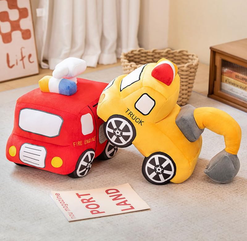 Image of Car Plush Toy Soft Stuffed Car Plush Pillow Toy CuteTractor Cartoon Throw Pillow Plushie Gifts for Kids Birthday Christmas Party (Fire Truck)