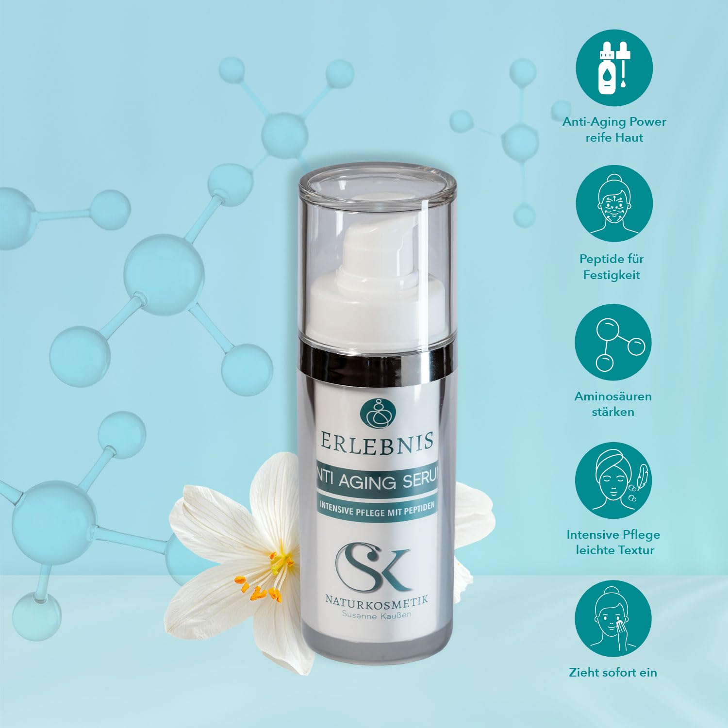 SK Naturkosmetik ERLEBNIS Anti-Aging Serum – mit Peptiden, Aminosäuren, Gatuline-Parakresse & Vitamin B12 | glättend, straffend, porenverfeinernd | Naturkosmetik Made in Germany