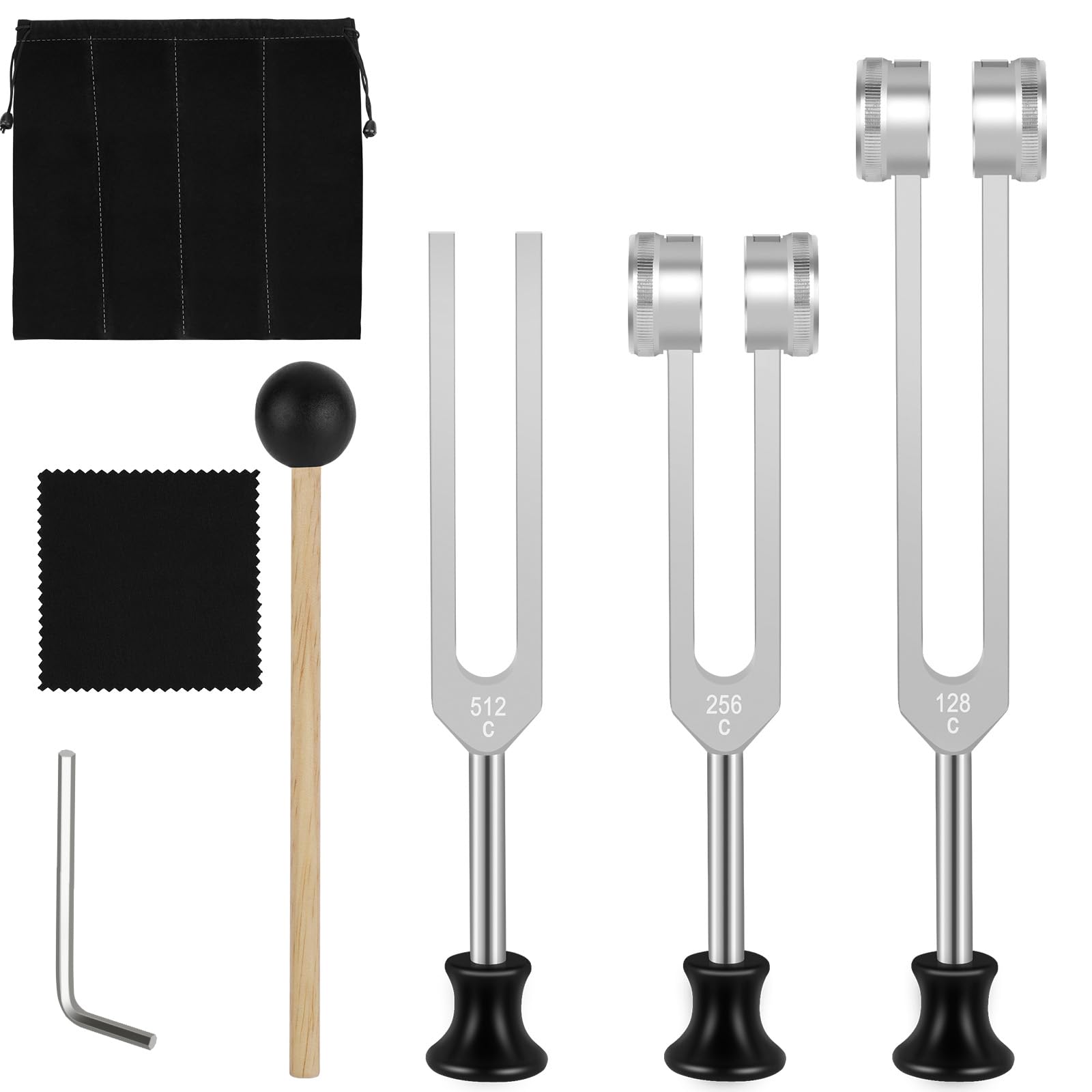 POFIBO Set de Diapasón Terapéutico (128Hz/256Hz/512Hz) – Diapasón Set para Terapia de Frecuencia, Relajación, Yoga y Meditación (con Martillo y Bolsa)