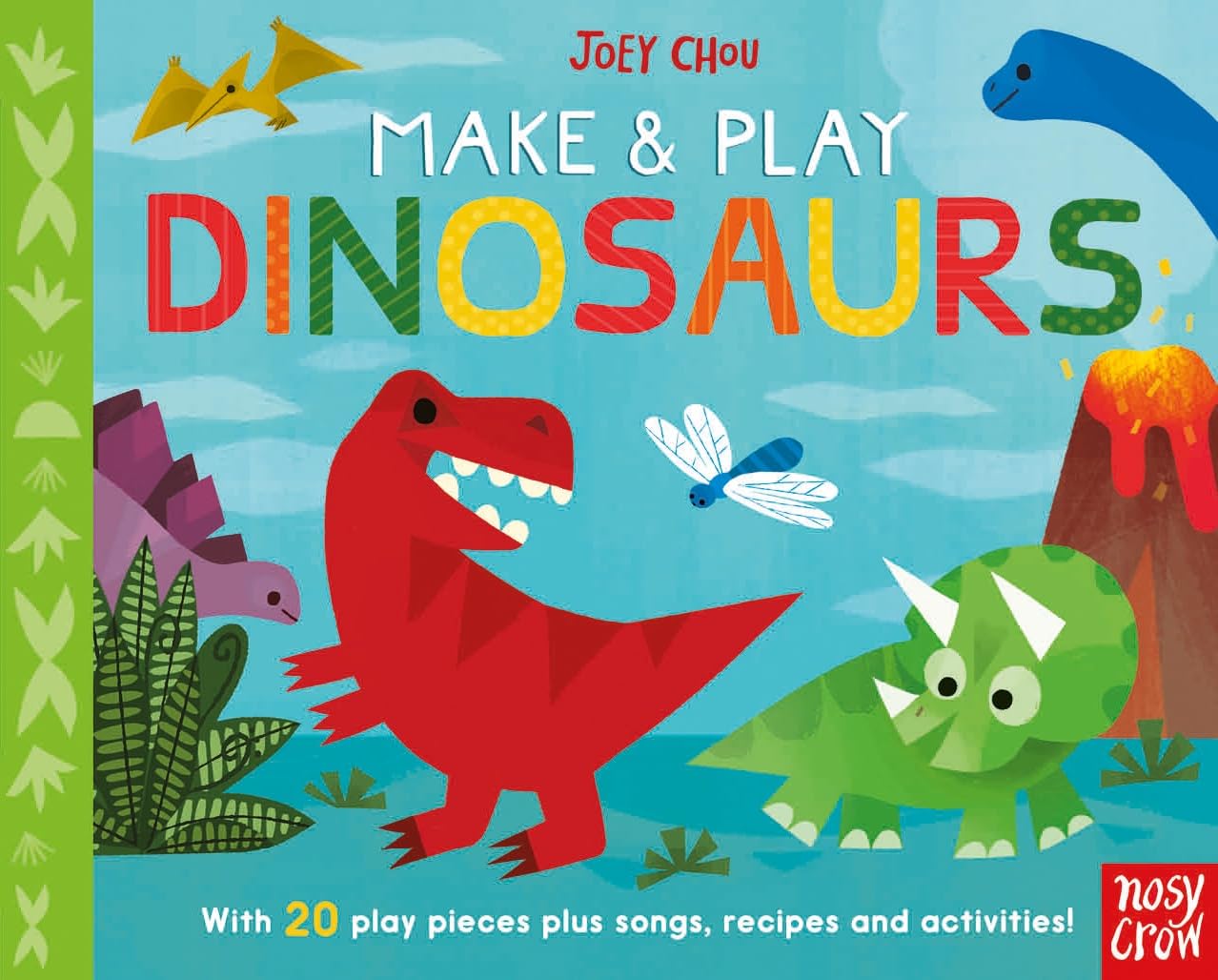 Book cover of "Make and Play: Dinosaurs" by Joey Chou featuring colorful dinosaurs such as a red T-Rex, a green triceratops, and Purple stegosaurus.