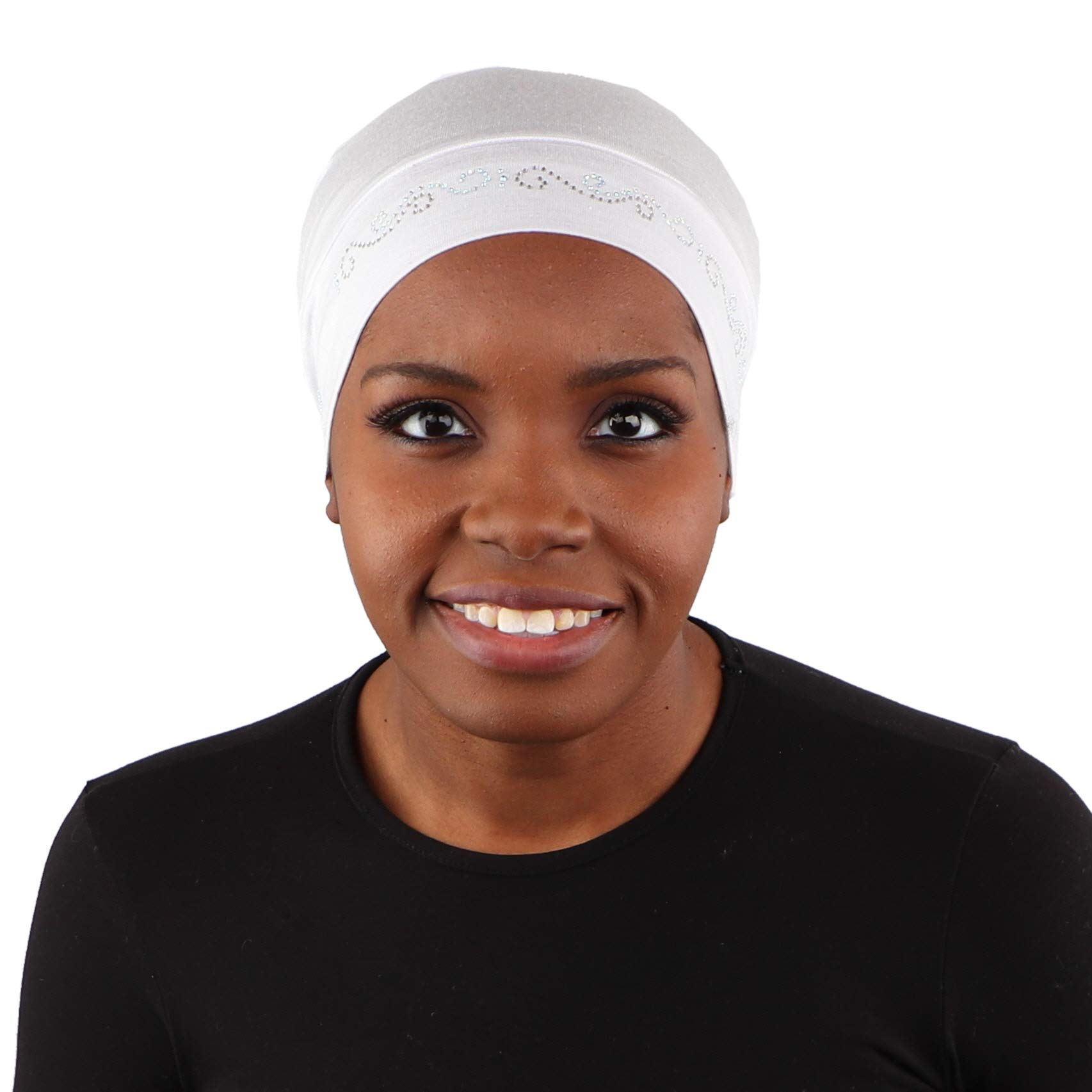 Landana Headscarves Womens Soft Sleep Cap Comfy Cancer Hat with Rhinestone Swirly Chain Applique -White