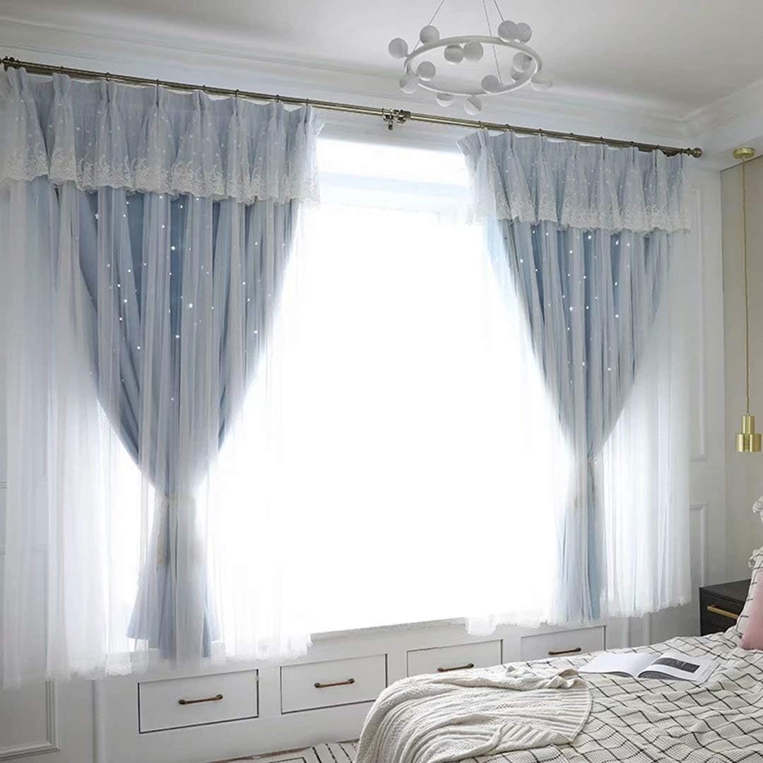 Amazon 姫系 遮光カーテン 可愛い 星 カーテン 遮光率90 以上 遮像 目隠し ブルー チュール レース おしゃれ 4カラー 両開き 二重 2倍ヒダ プリンセス 子供 女子 部屋 寝室 居室 リビング マンション 窓 出窓 インテリア 引越し祝い 新築祝い 装飾レール 機能レール