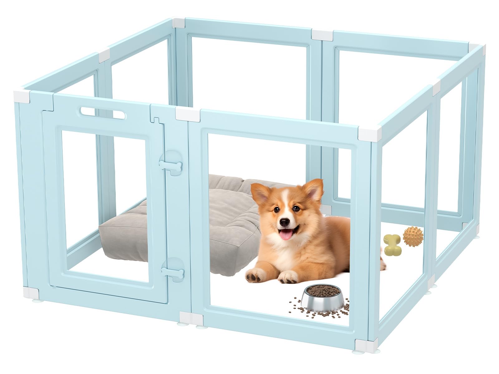 diy clear acrylic dog playpen indoor, transparent easy cleansing puppy fence with suction cup, easy-assemble indoor whelping crate for small puppies (23.6" h, 8pcs), blue