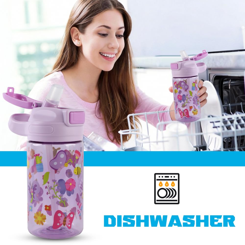Borraccia Bambini 400ml Robusta Infrangibile Senza BPA One-Touch con Cannuccia Farfalla