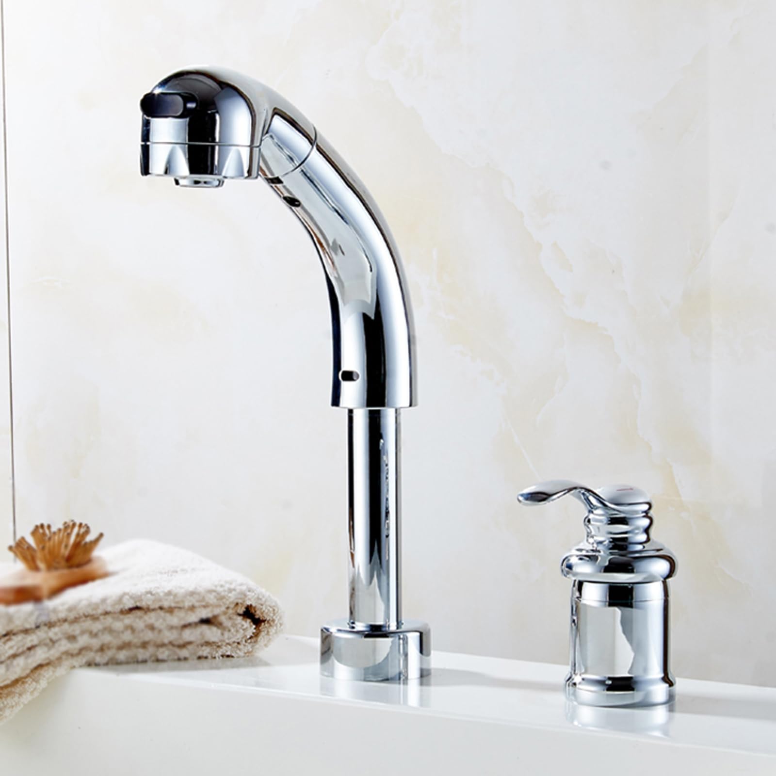 BiaoTeng Pull Out Bathroom Taps Single Lever Basin Mixer Tap 2 Hole 2 Mode Hot and Cold Taps for Bathroom Basin Brass Silver