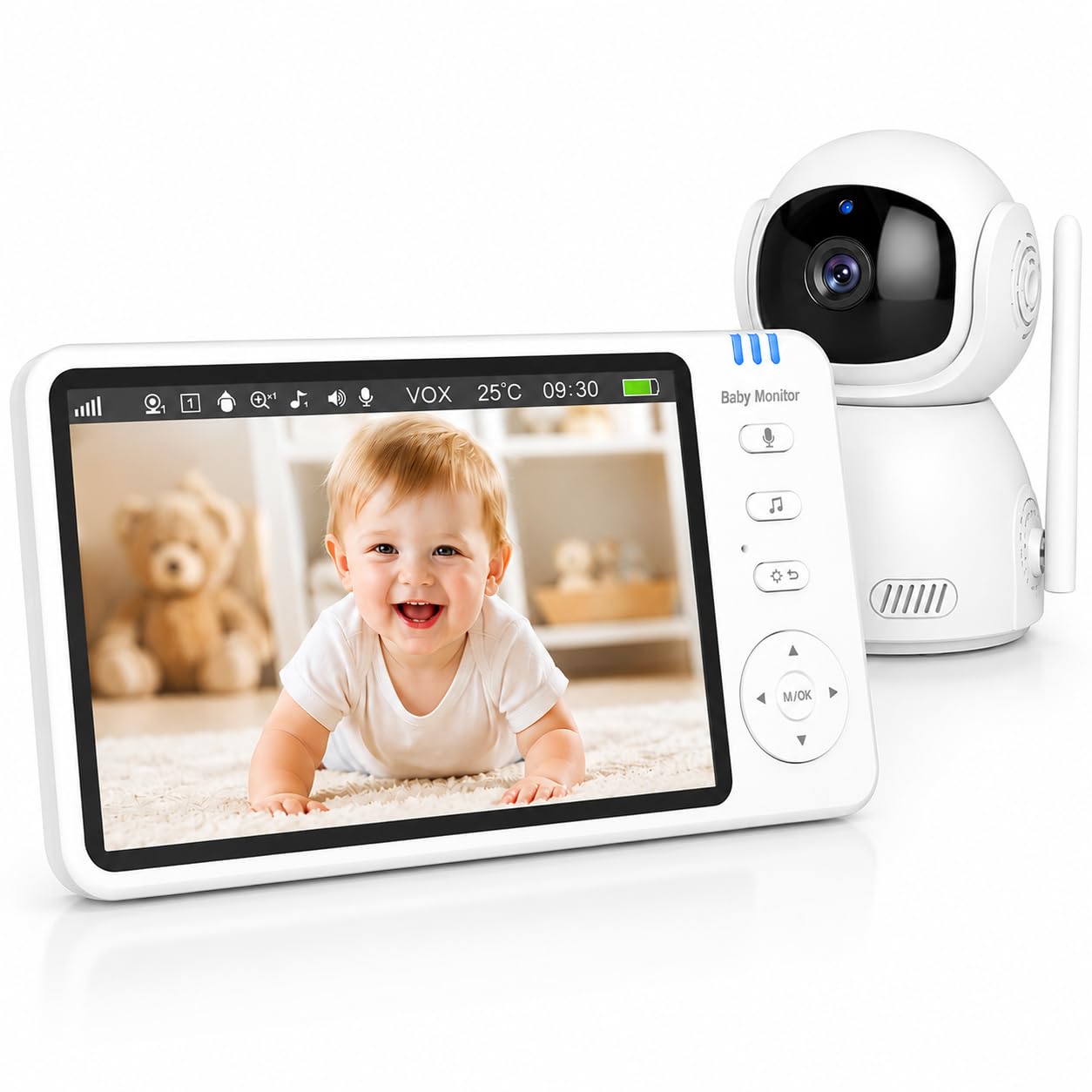 BURNNOVE Baby Monitor Video e Audio, 5 Pollici Baby Monitor con Videocamera 720P Visione Notturna VOX 2 Vie Audio Controllo Remoto PTZ 355° Monitor Temperatura, Senza Wi-Fi
