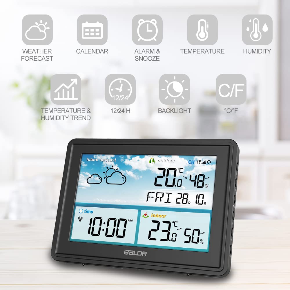 BALDR Wetterstation Innen und Außentemperatur Funk mit Wettervorhersage – Thermometer Innen und Außentemperatur Funk mit Wettervorhersage - Hygrometer Feuchtigkeit Digital mit Außensensor - Schwarz