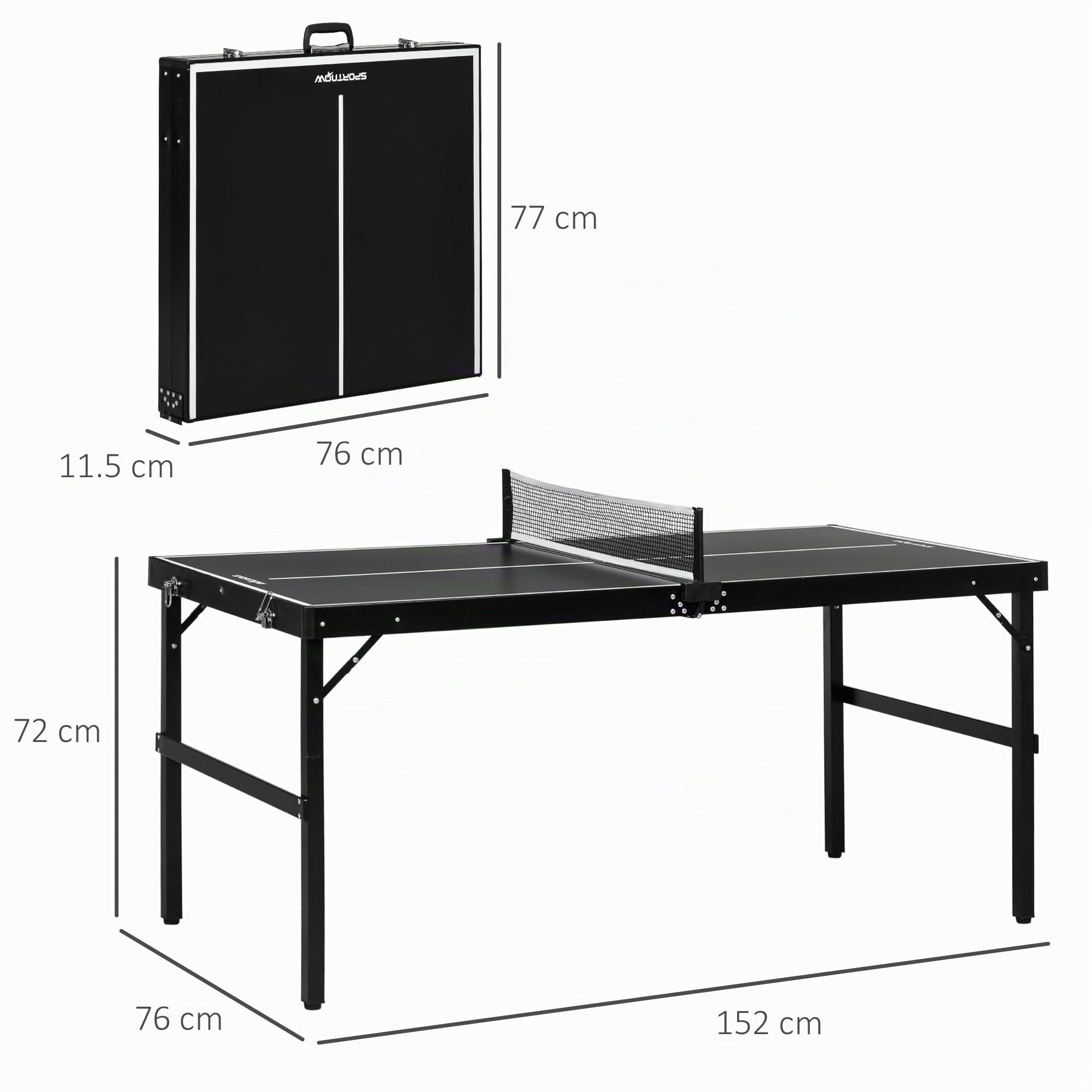 SPORTNOW Tavolo Ping Pong Pieghevole con Rete da Gioco e Maniglia da Trasporto, Tavolo da Ping Pong in Alluminio e MDF, 152x76x72 cm, Nero