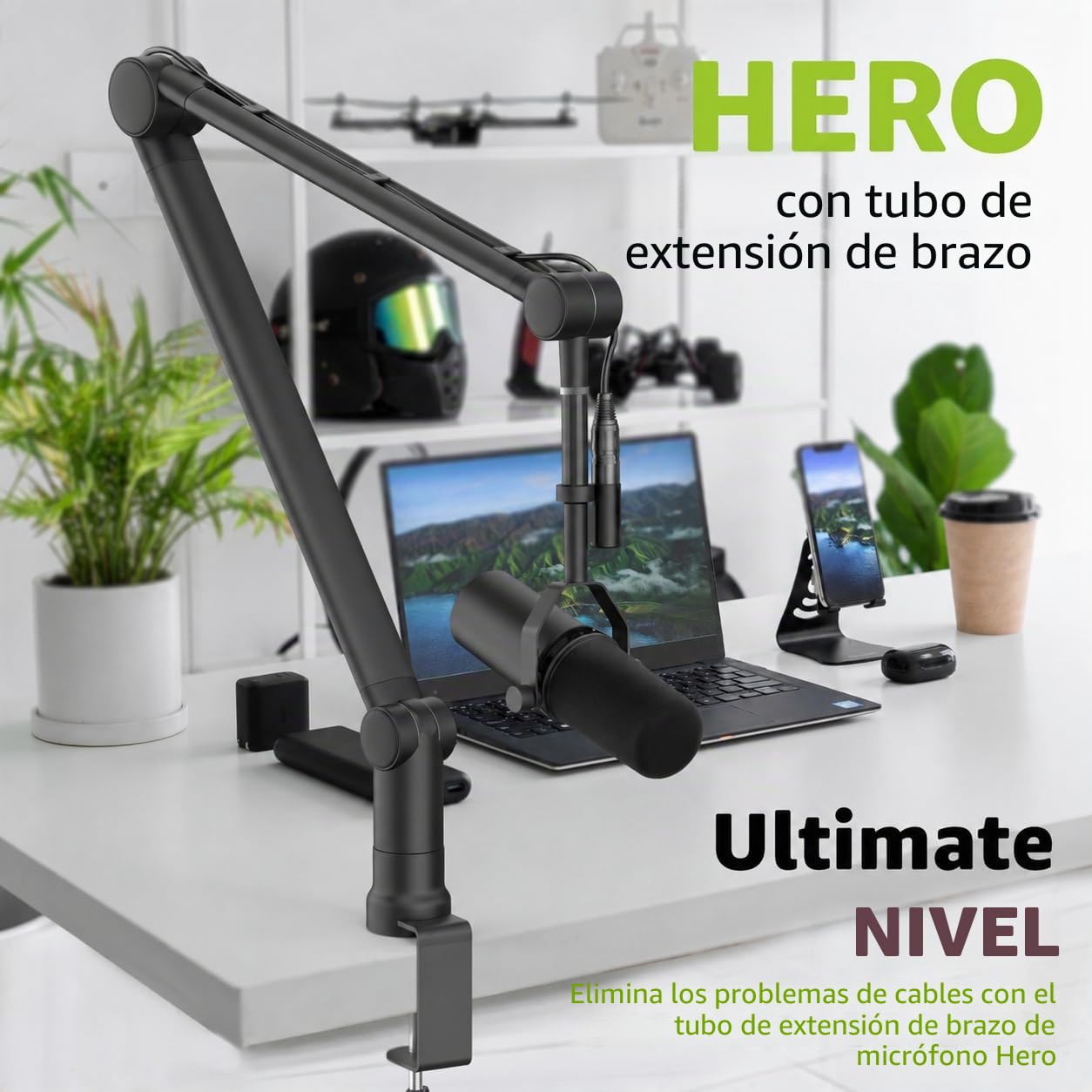 IXTECH Soporte de micrófono de brazo con tubo de extensión mejorado para Shure SM7B MV7 Blue Yeti azul Yeti, soporte de escritorio plegable con brazo de tijera para juegos de podcast