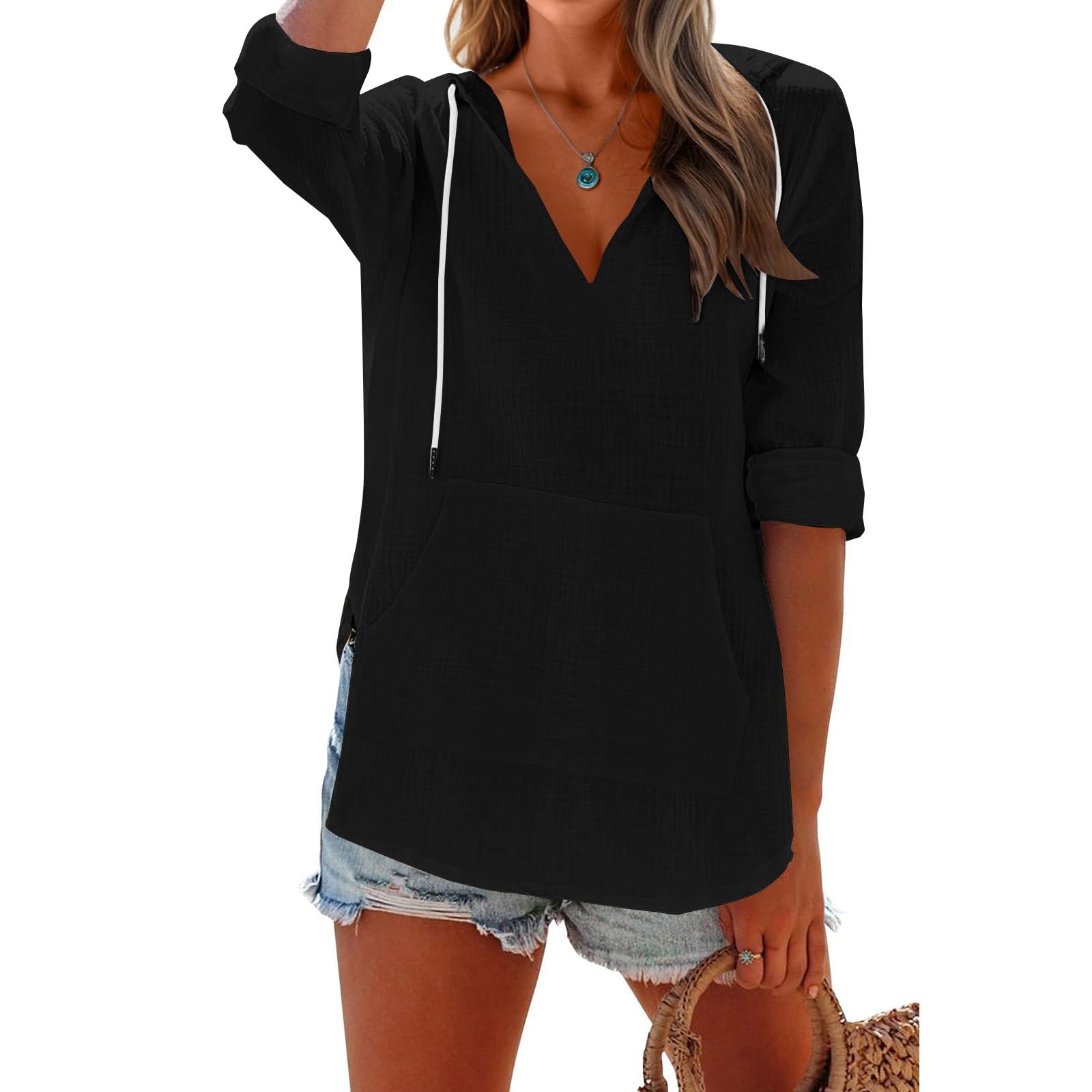 Damska bawełniana lniana bluza z kapturem, na co dzień, dekolt w serek, długi rękaw, lniana bluzka, lekka koszula z kapturem, top boho, moda, workowata, jednokolorowa, na co dzień, koszula