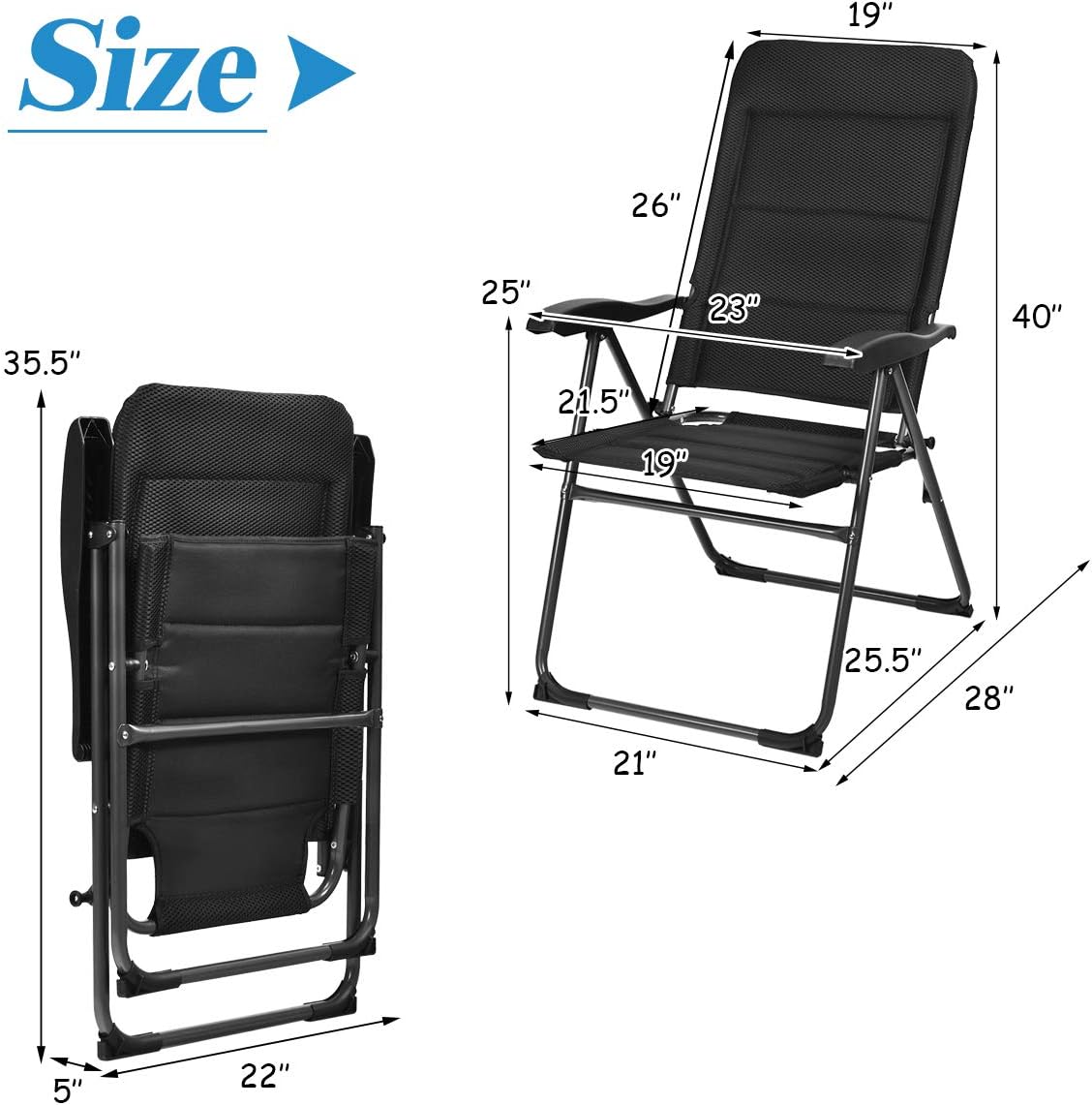 Giantex Set of 4 Patio Chairs, Folding Chairs with Adjustable Backrest, Outdoor Sling Chairs for Bistro, Deck, Backyard, Armchair with Padded Seat, 300 lbs Capacity (4, Black)