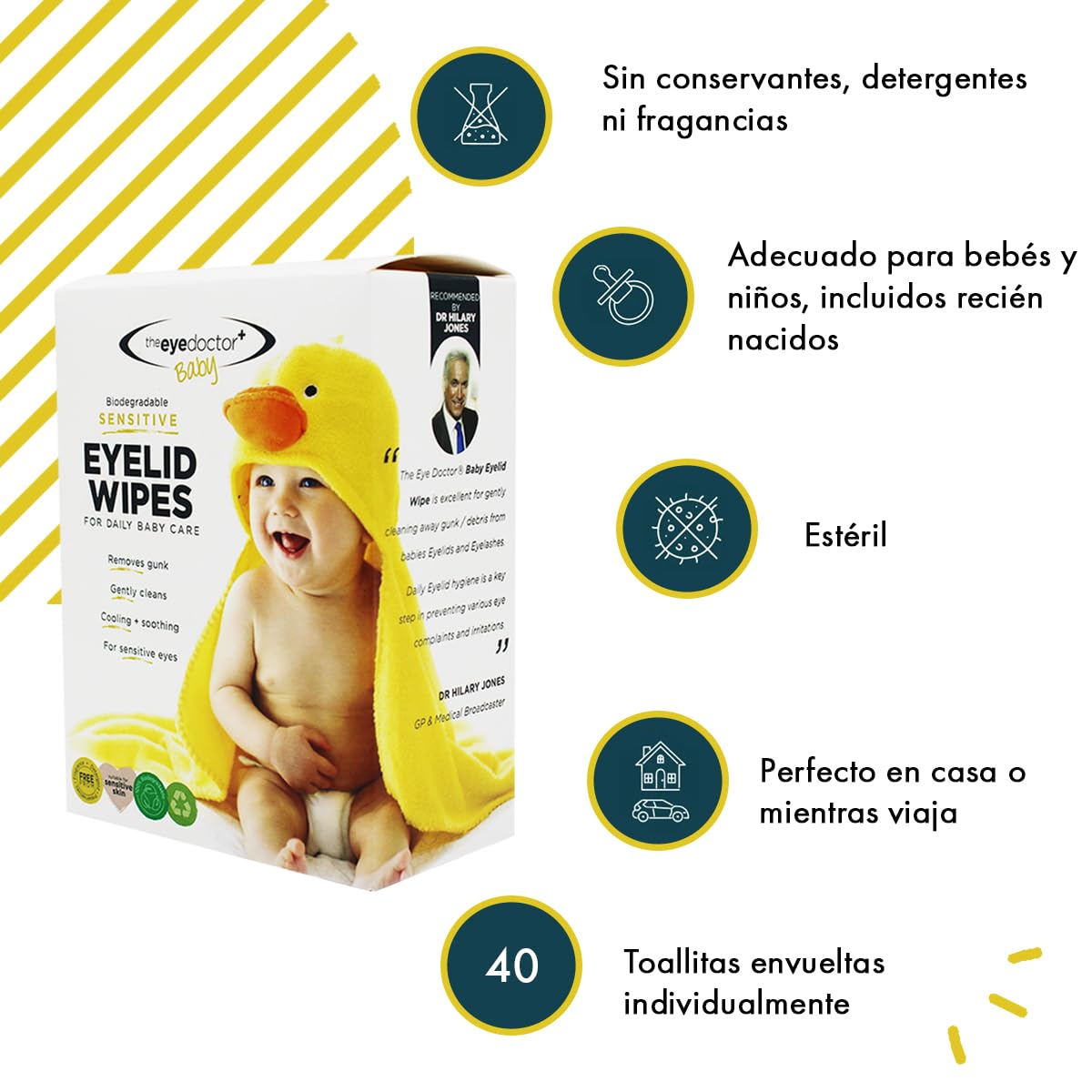 The Eye Doctor Toallitas Sensibles Para Los Ojos Bebé - 40 Toallitas Estériles Para Los Párpados Ideal Cuidado Diario Del Bebé - Sin Conservantes, Detergentes Ni Fragancias - Selladas Individualmente