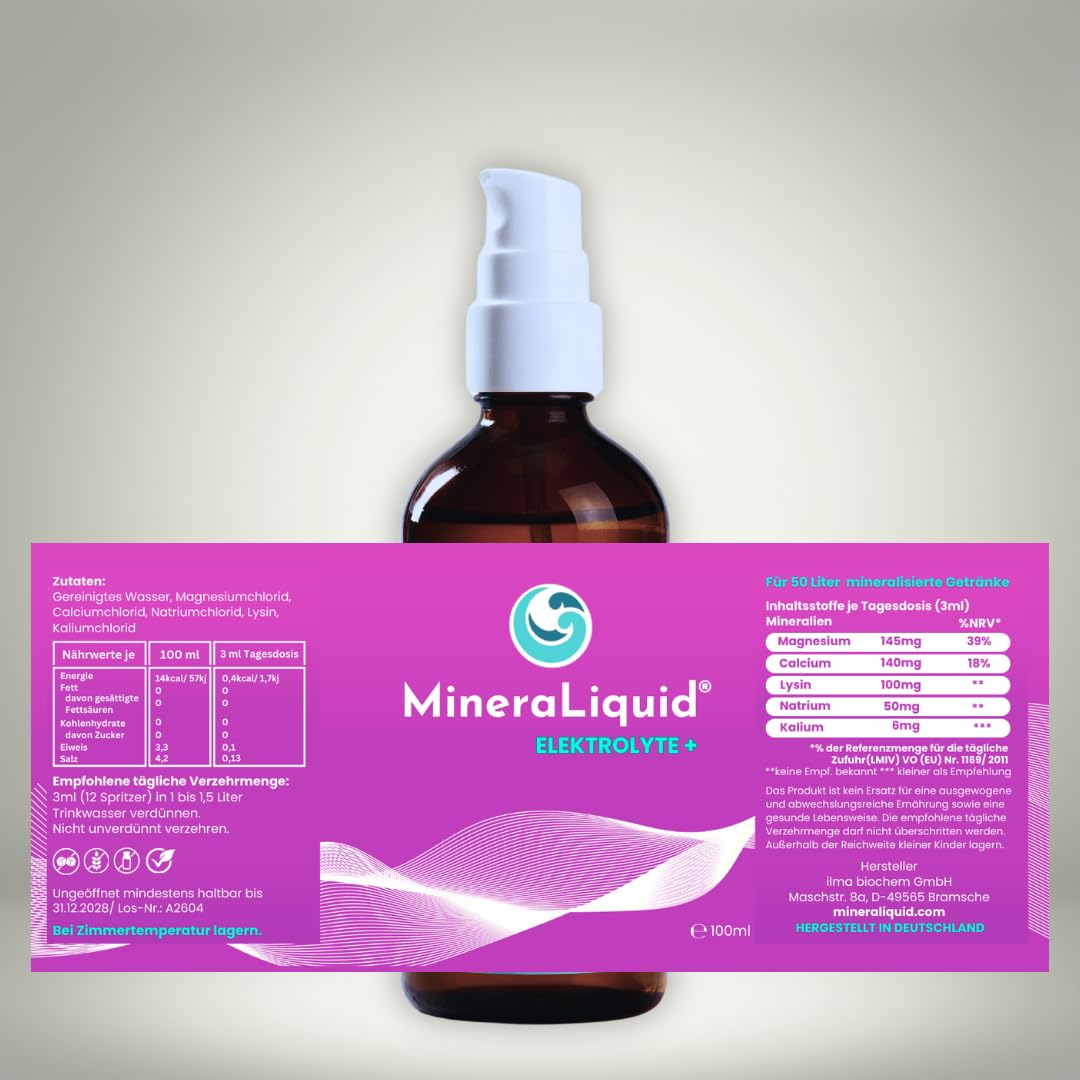 Elektrolyte+ - Mineralien für Wasser bei erhöhtem Bedarf - Magnesium, Calcium, Natrium, Kalium - 100ml Mineralkonzentrat ohne Zucker - Geschmacksneutral - Made in Germany