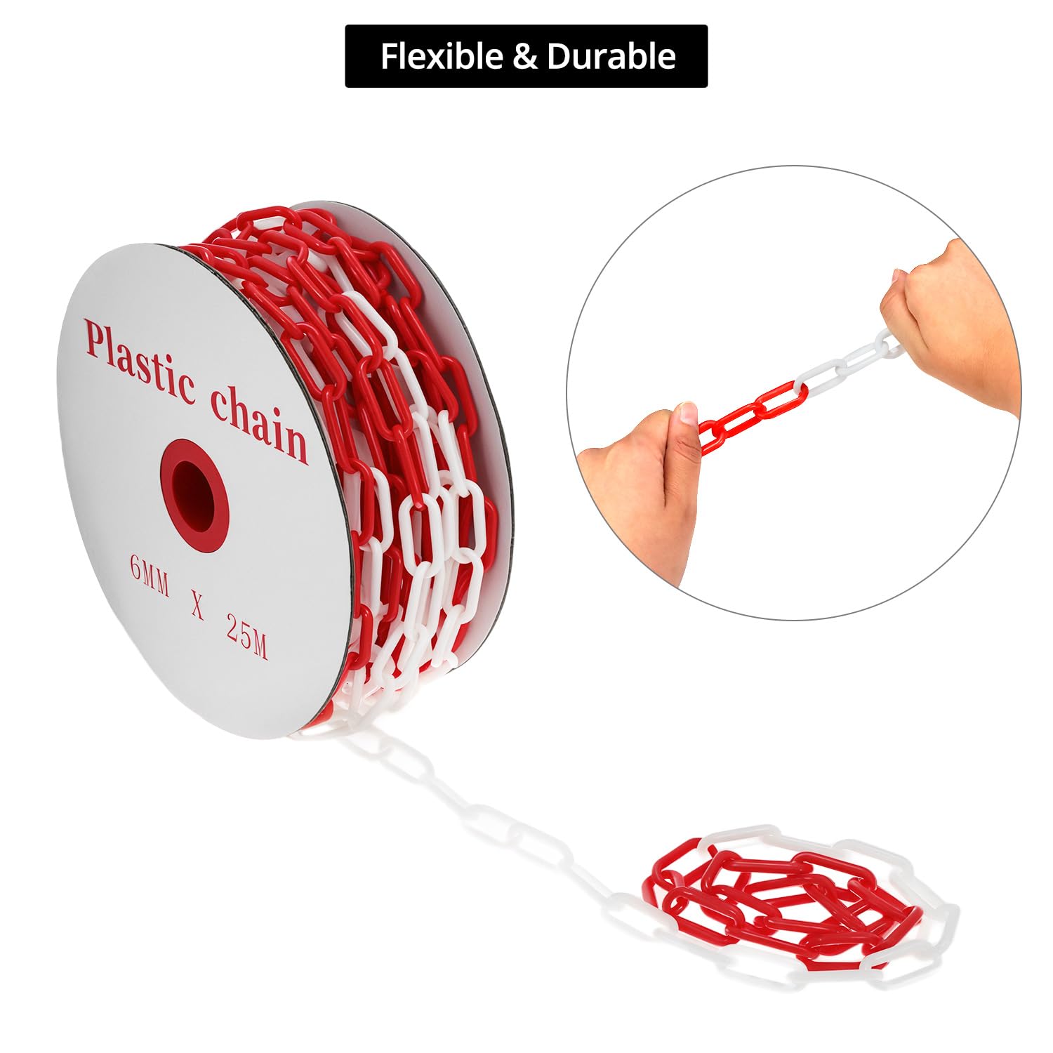 QWORK® 25m chaîne barrière rouge/blanc 6mm plastique, pour contrôle quantité, trafic, file d'attente