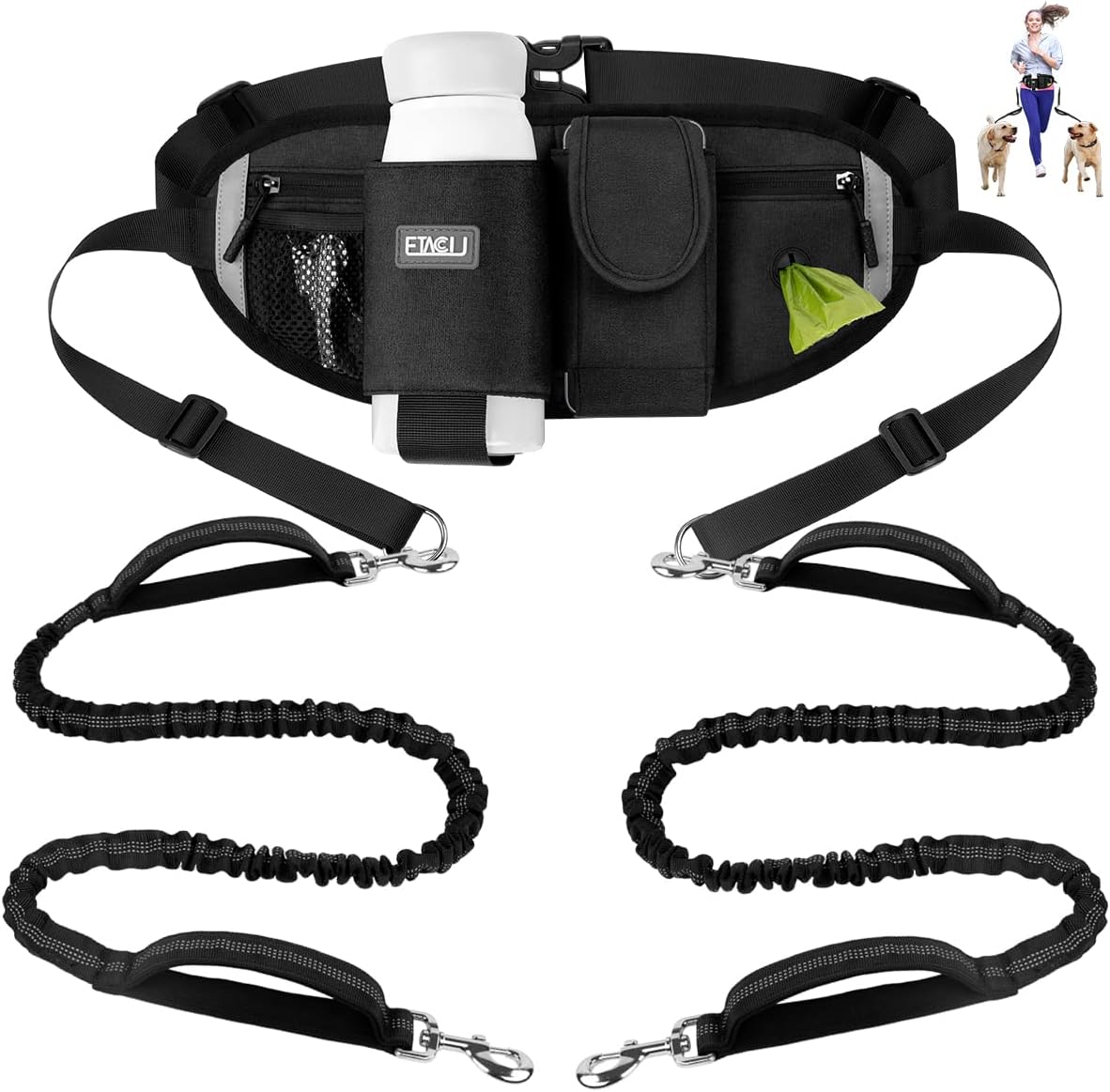 ETACCU Hands Free Dog Leash For 2 Dogs With Dual Heavy-Duty Traffic Handle,Retractable Dog Walking Belt,Adjustable Dog Running Waist Belt With Pouch,Reflective Stitches Leash For Jogging Black,180 cm
