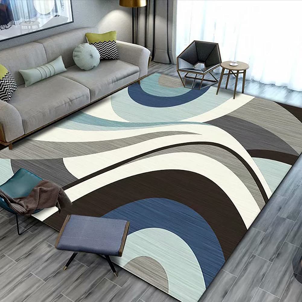 Rug, 140 x 200cm, Waved Modern Grey Beige Blue Pattern, Soft Short Pile, Living Room Bedroom Hall Area Rug, Geometric Large Area Carpet
