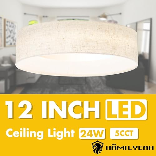 Miniatura 7 de Hamilyeah Juego de 2 lámparas de techo con pantalla de tela, lámpara de techo LED regulable de 24 W, montaje empotrado, moderna lámpara redonda de