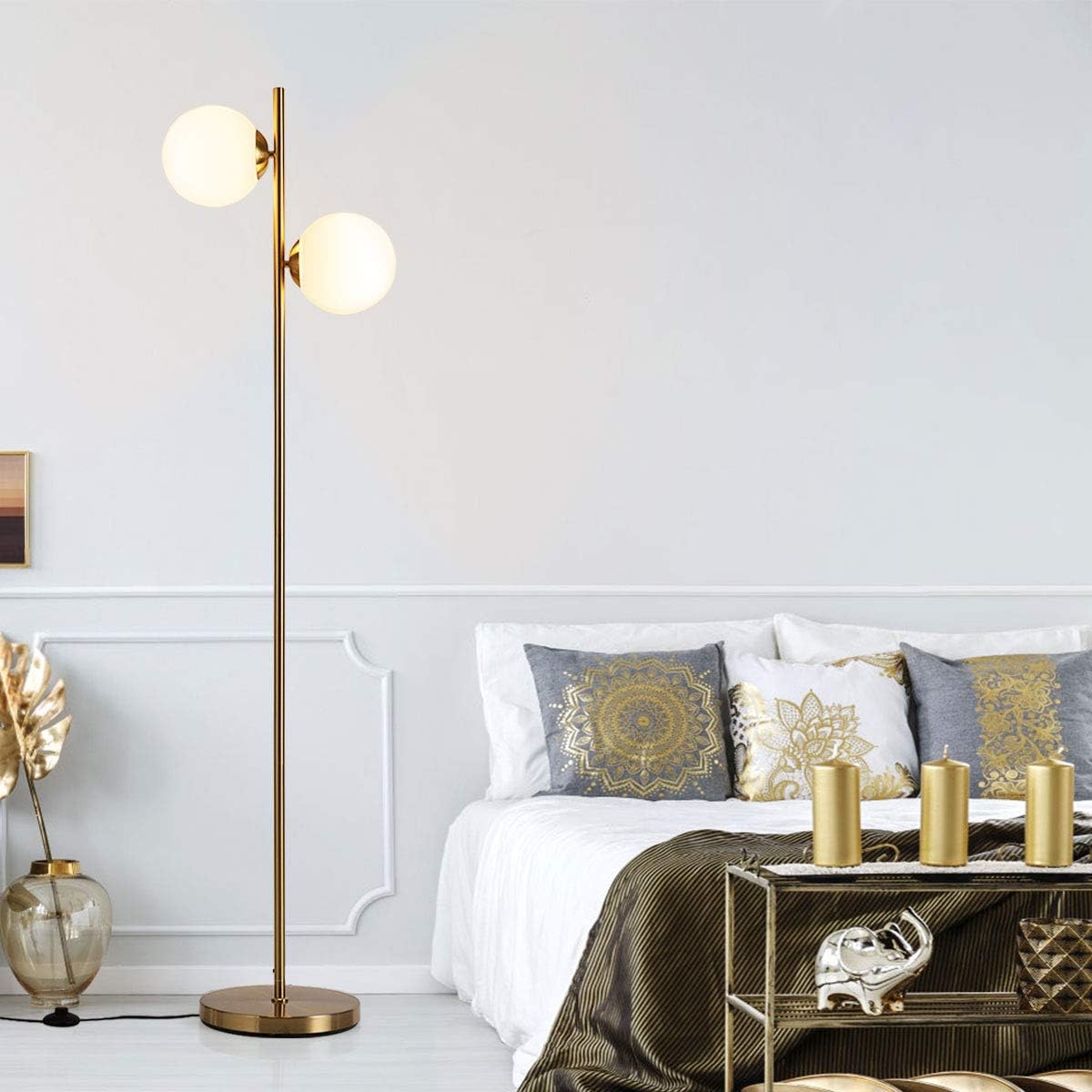 Elegant Brass Triple-Head Torchiere Floor Lamp with Glass Shades