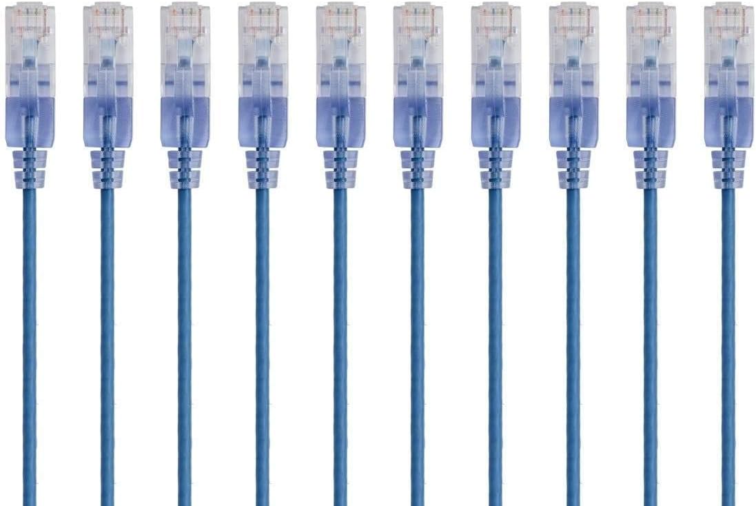 Monoprice Cat6A Ethernet Patch Cable - Network Internet Cord - 0.3M (1ft) - Blue (10-Pack) RJ45, Stranded, 550Mhz, UTP, Pure Bare Copper Wire, 10G, 30AWG - SlimRun Series