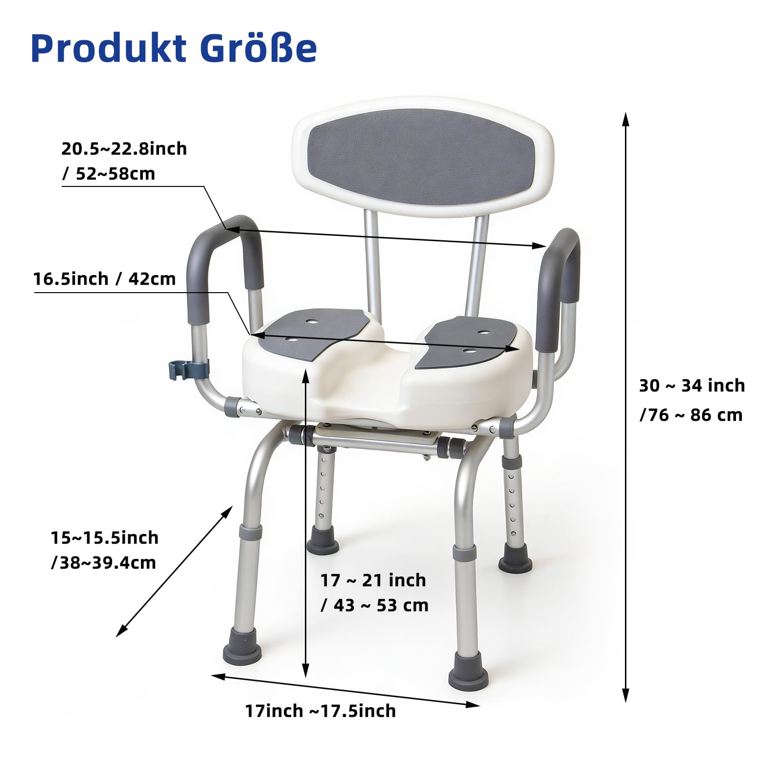 EasyVibe Duschstuhl 360° Drehbar für Senioren, 52cm Breiter Duschhocker mit 3D U-Ausschnitt, 1,25mm Aluminiumrahmen, Gepolsterte Armlehnen, Belastbar bis 150kg