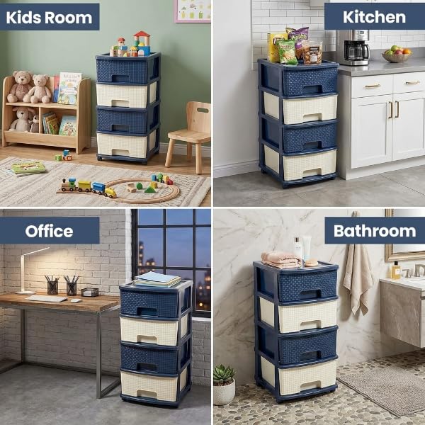 Image of Plastic Modular Drawer Storage Chest Of Drawers Organizer Storage Box, Large Stomo Racks For Multipurpose Anti-slip Shoes Organizers (White & Blue, 4 Layer)