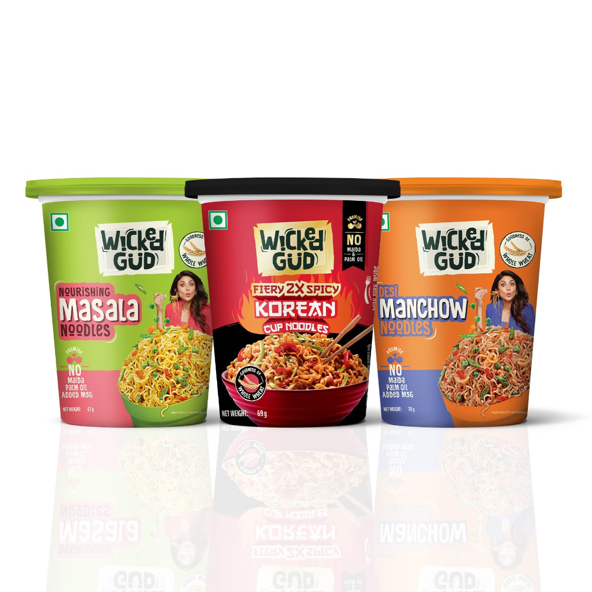 WickedGud Cup Noodles Variety Pack of 3 | Fiery Korean | Masala | Manchow | High Fiber | Source of Protein | Whole Wheat | No Maida | No Palm Oil | 67g | 69g | 70g