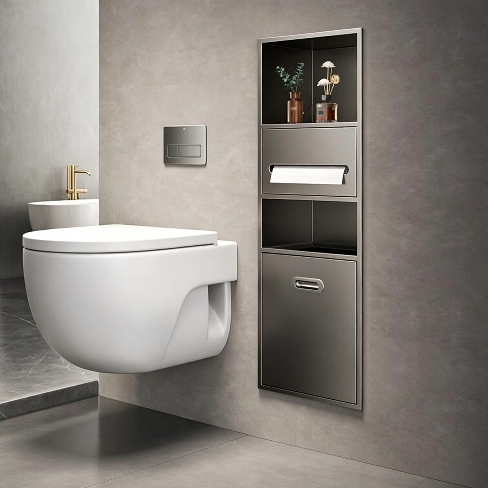 MESCXTY Recessed Bathroom Niche, in-Wall Toilet Paper Holder with Hidden Trash Can, 304 Stainless Steel Built-in Waterproof Organizer Cabinet