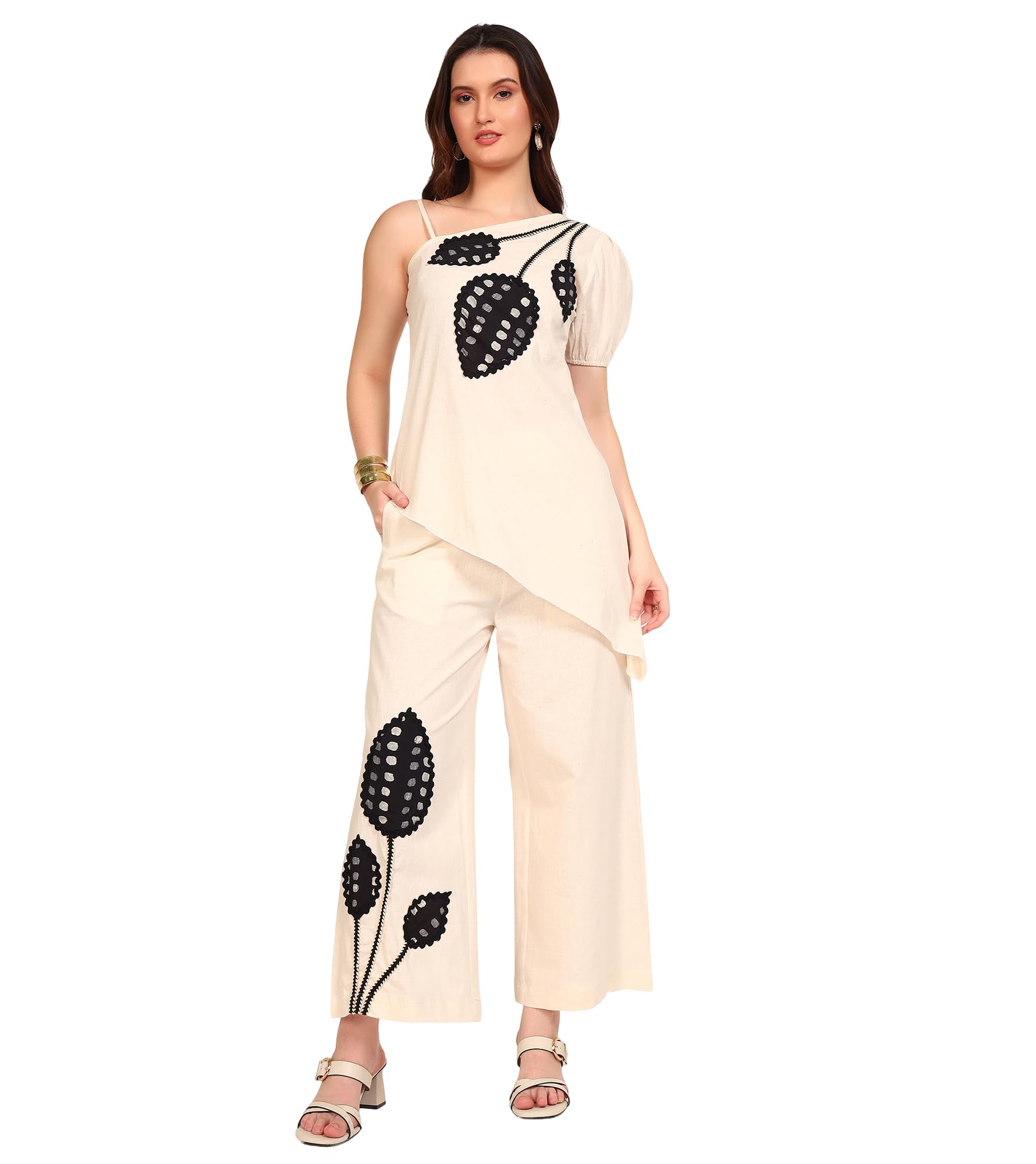Leaf Patch Cotton Tunic with Pants Co-Ord Set for Women's|One Shoulder Short Puff Sleeves Regular Fit Stylish Summer Western Casual Wear Ladies Trendy Cord Set