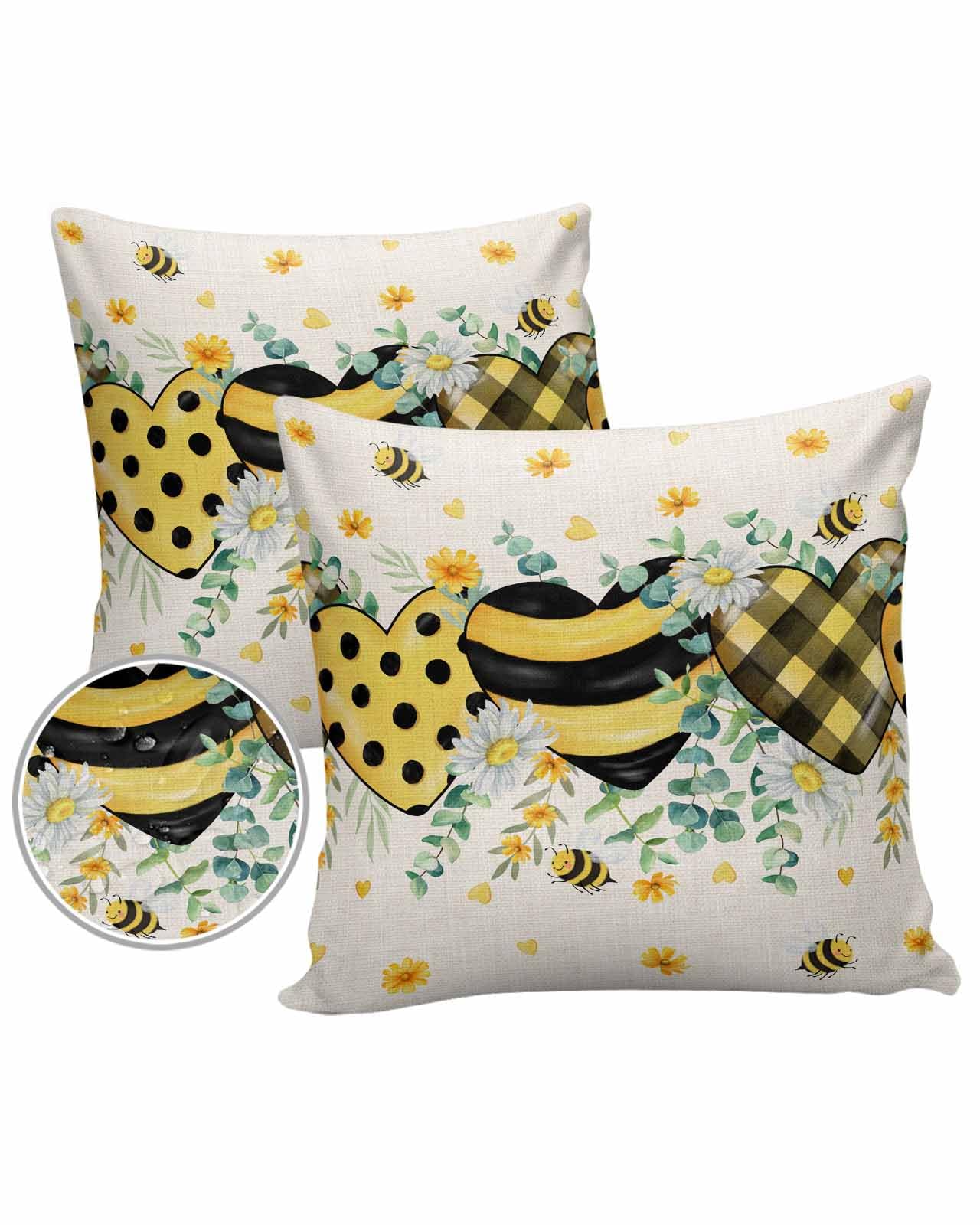 Floral Love Bee Outdoor Pillow Cover 16x16 Inch Cushion Sham Case,Waterproof Decorative Square Throw Pillowcase for Outside Garden Patio Couch Chair Tent Eucalyptus Leaves Farmhouse Yellow Dots Plaid