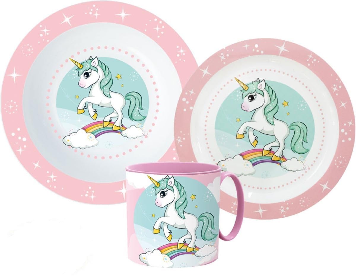 Unicorn Cartoon Character Dinner Tableware Set 3pcs Plate, Bowl & Mug, BPA Free re-usable Plastic Microwave Safe (Unicorn) — image 1