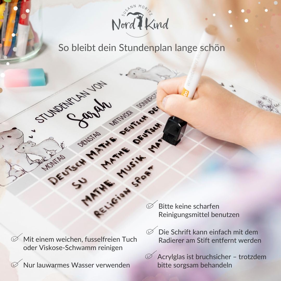 Nord-Kind personalisierter Stundenplan aus Acryl – abwischbar & wiederverwendbar – für Kinder der 1. Klasse zur Einschulung – Mädchen & Jungen (Boho2)