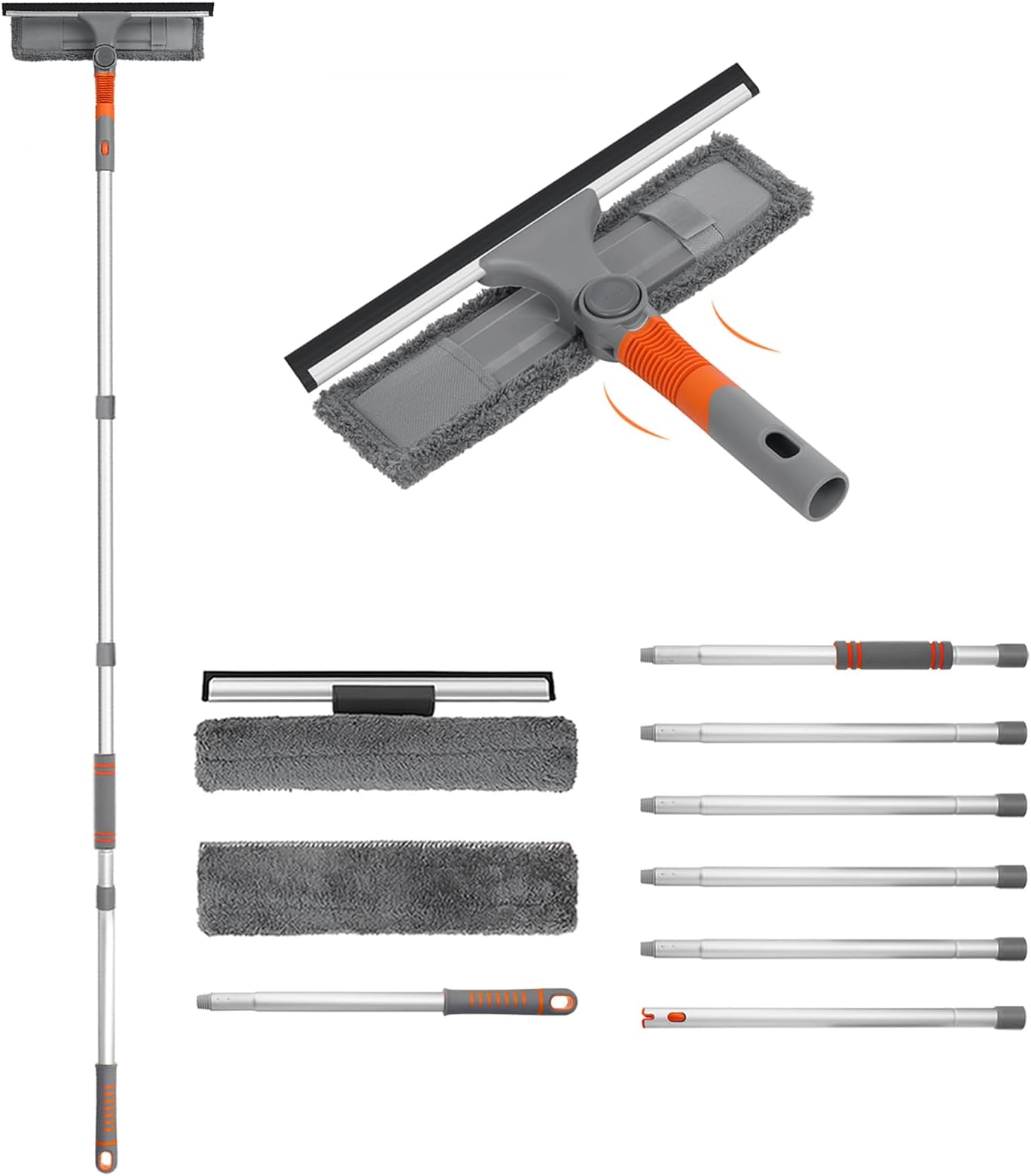 Baban Squeegee Window Cleaner 2 in 1 Window Cleaning Tool with Elbow and Straight Extension Pole, 61'' Telescopic Window Washing Equipment with Bendable Head for Car Indoor Outdoor High Windows (2 Pad