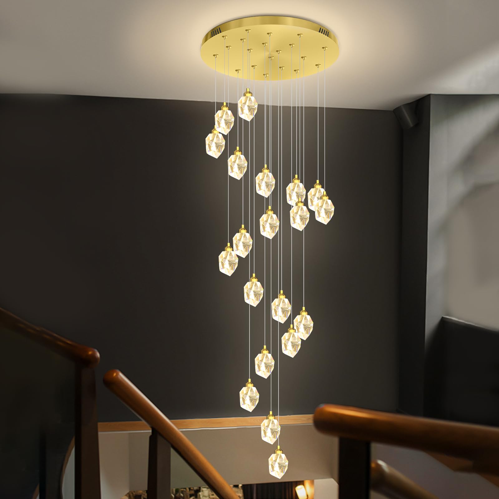 IDEQUY Large High Ceilings Chandeliers Modern Long Crystal Spiral