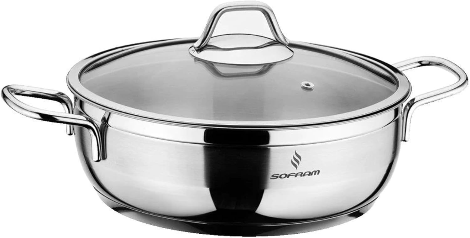 Stainless Steel Low Stock Pot with Glass Lid Soup Pot Low Casserole Cooking Pot Suitable for Induction Stove Cookware (3.2-qt. (3 L))