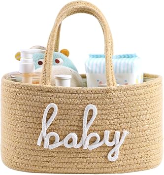 Baby Diaper Caddy Organizer, Nursery Storage Bin Basket for Baby Shower and Baby Wipes- Cotton Rope Portable Diaper Bag for Changing Table, Newborn Essentials Gift-Tan