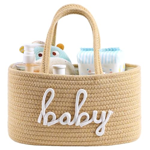 Baby Diaper Caddy Organizer, Nursery Storage Bin Basket for Baby Shower and Baby Wipes- Cotton Rope Portable Diaper Bag for Changing Table, Newborn Essentials Gift-Tan