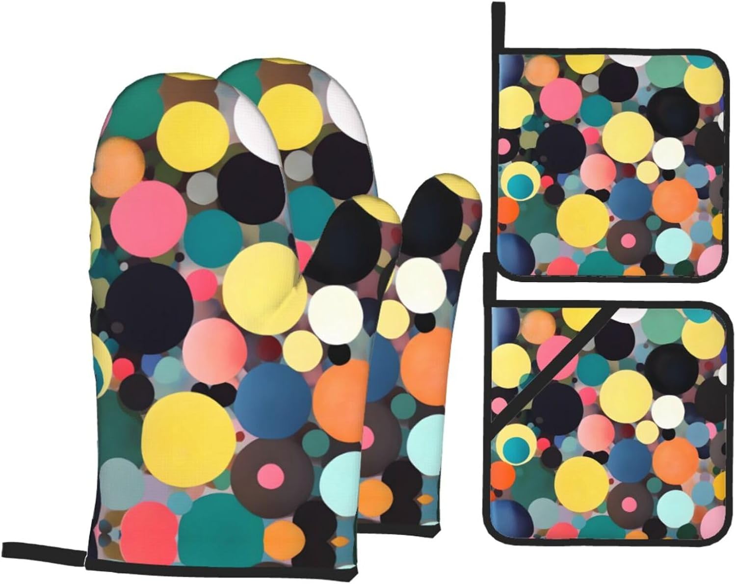 Abstract painting of circles Oven gloves and heat-resistant mat 4-piece set. Suitable for grilling, microwave oven frying, and baking