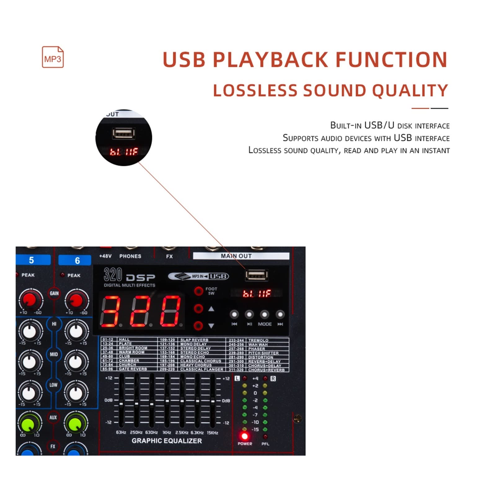 Mixer DJ, Mixer a 6 canali registrazione computer live home KTV performance sul palco della banda USB riproduzione MP3 dj