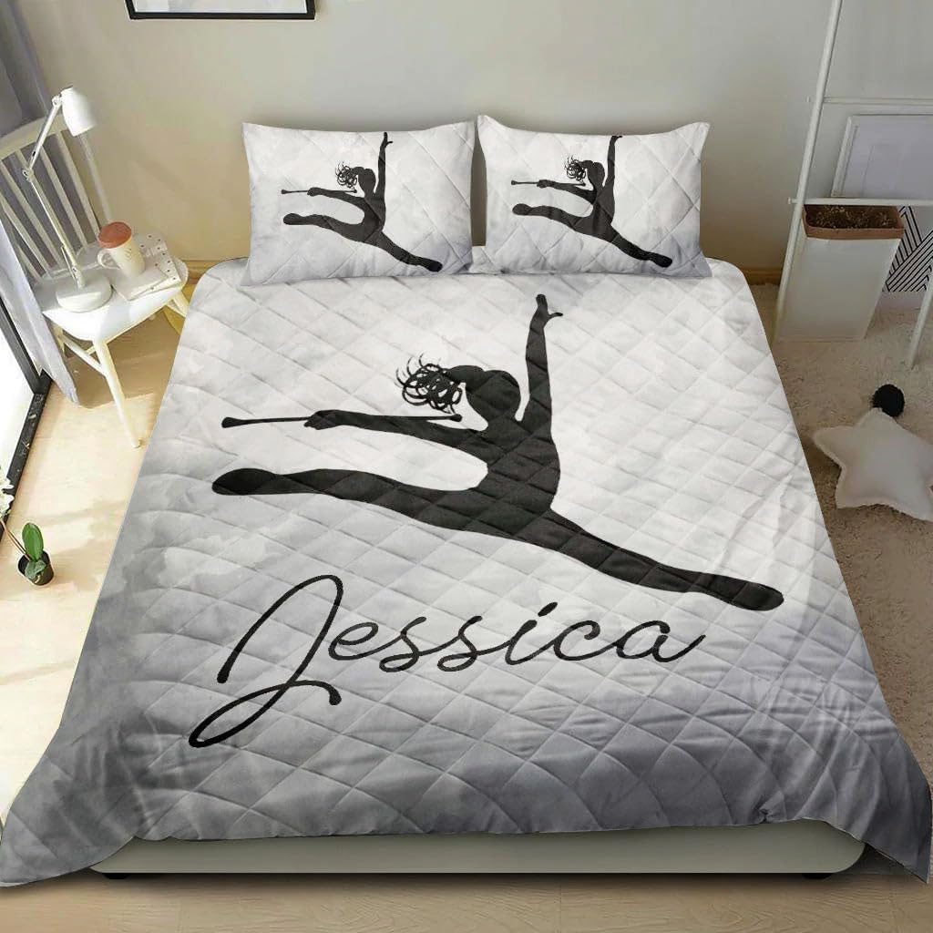 Personalized Baton Twirling Quilt Set, Baton Twirler Twirling Grey Girl Athletes Quilt Blanket with Pillowcases, Quilt Bedding Set MLANH3462