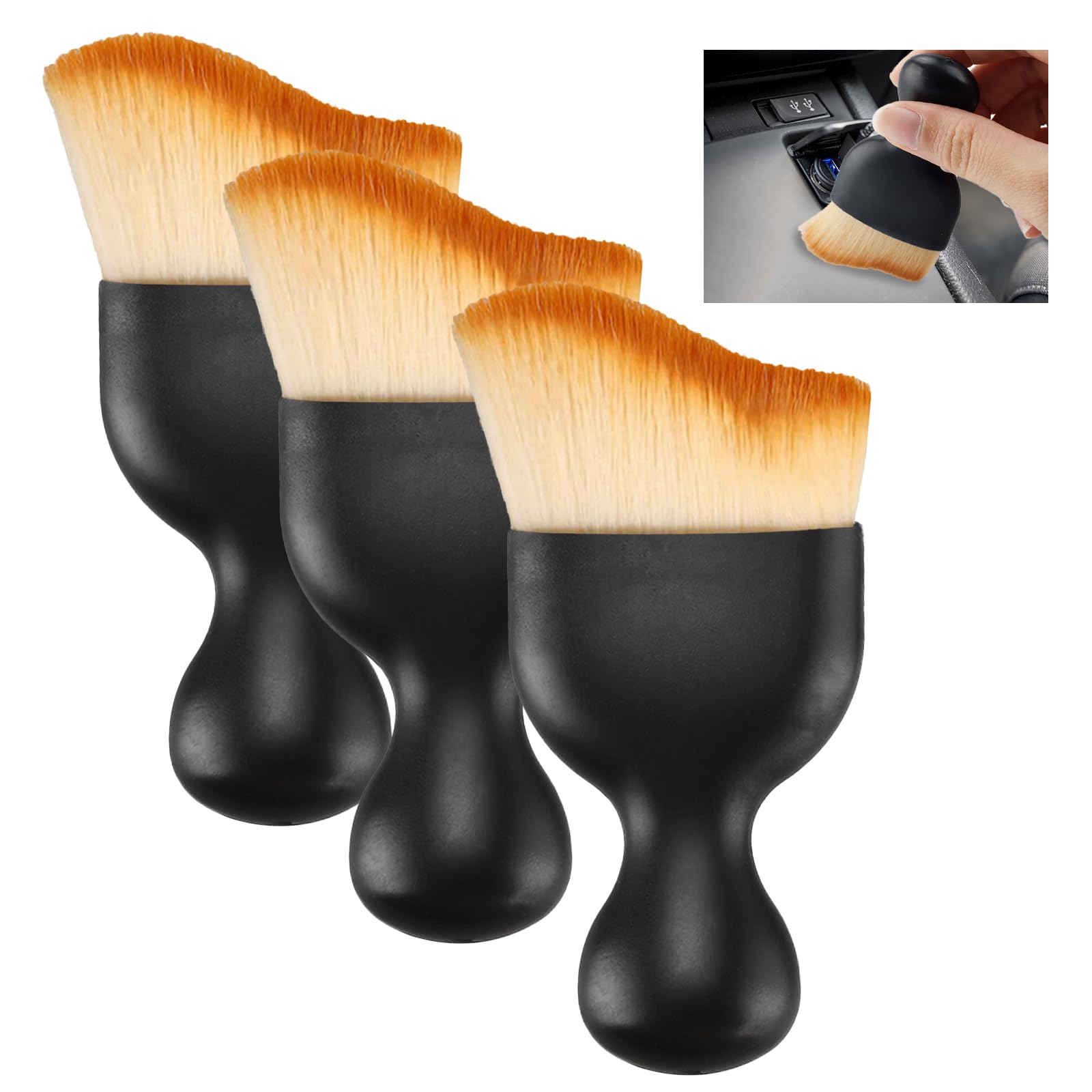Hiahxc Blackblue Car Interior Cleaning Brush,3Pcs Car Detailing Brushes,Scratch-Free Interior Brush,Soft Bristles Dust Removal Brushes,Curved Crevice Detailing Dusting Brush For Dashboard, Air Vent,Screen,Panels