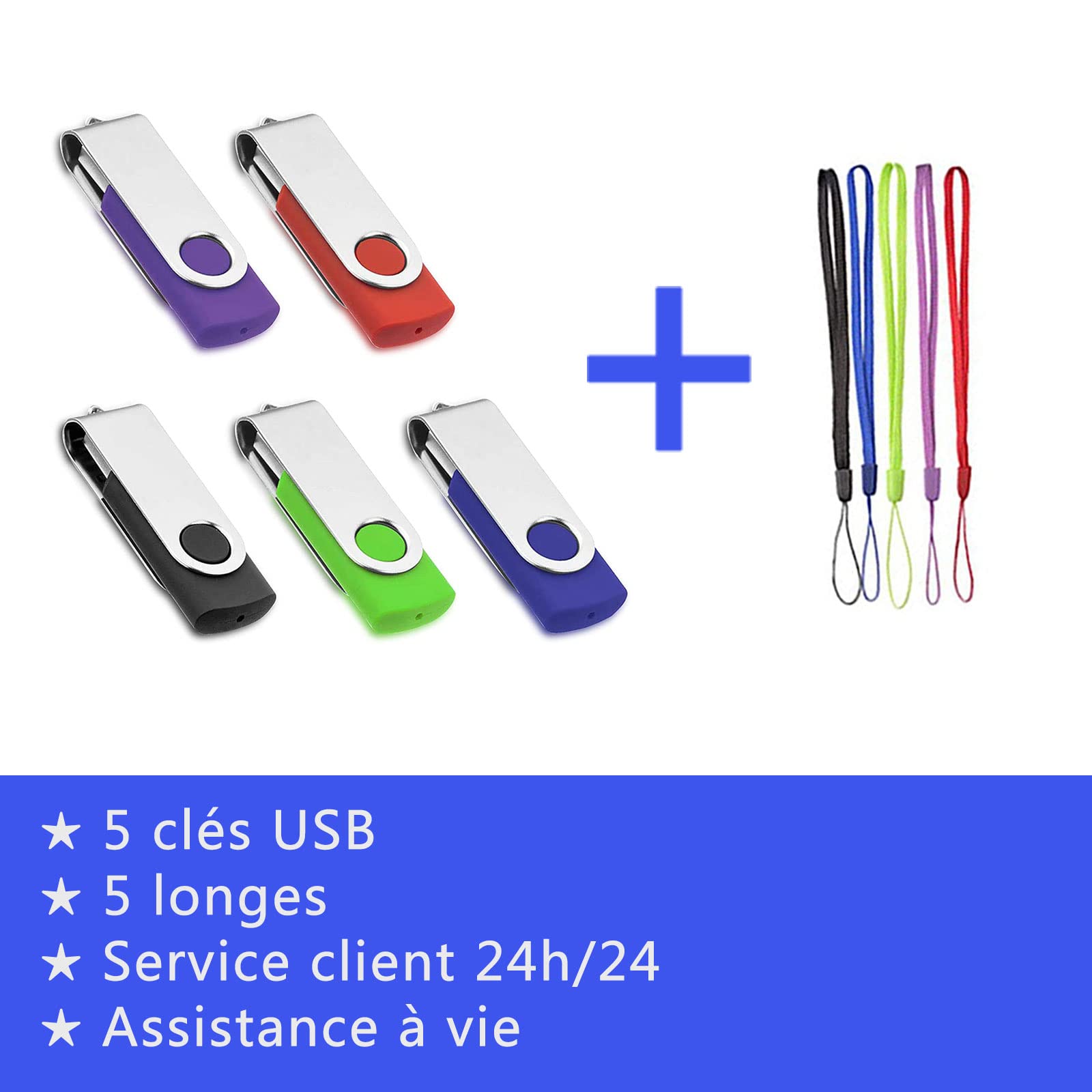 Clé USB 8Go Lot de 5 Flash Drive Cles USB 2.0 Mémoire Stick Stockage Pivotantes Porte Clef USB U Disque (5 Couleurs Mélangées:Rouge Vert Noir Bleu Violet)