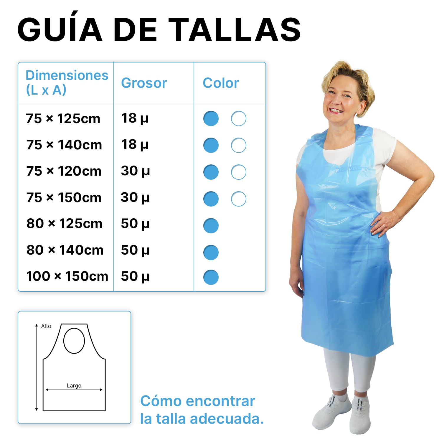 ARNOMED delantal de plastico PE 50 uds, delantal impermeable, bata desechable plastico de 18µ de grosor, pack de batas desechables de 75x125cm, azul, resistente al aceite