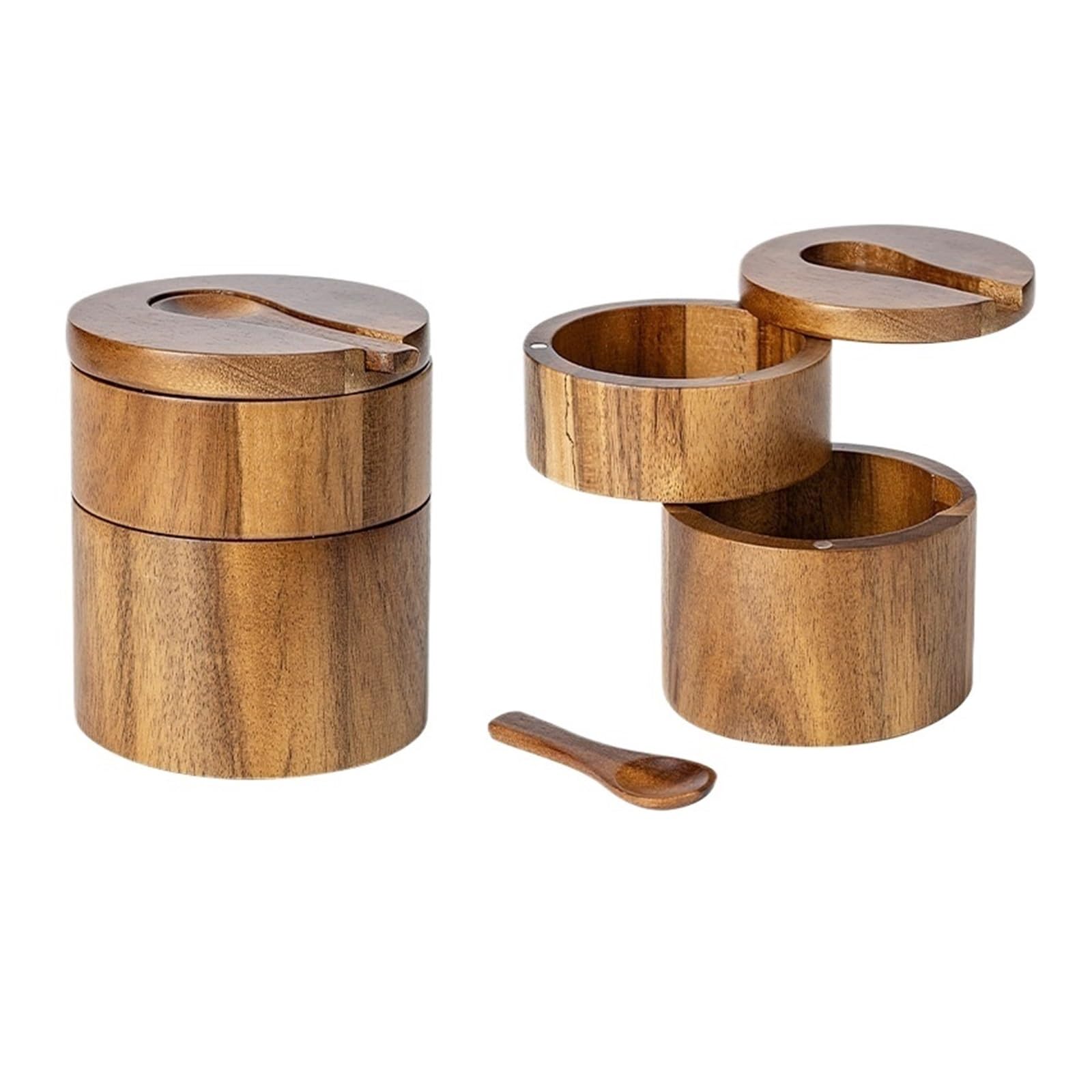 LuoAXINN Wooden Salt Cellar Acacia Wood Salt and Pepper Bowl Box with Lid and Spoon Cellar with 360° Swivel Spice Seasoning Container(9 * 10.5cm color 3)
