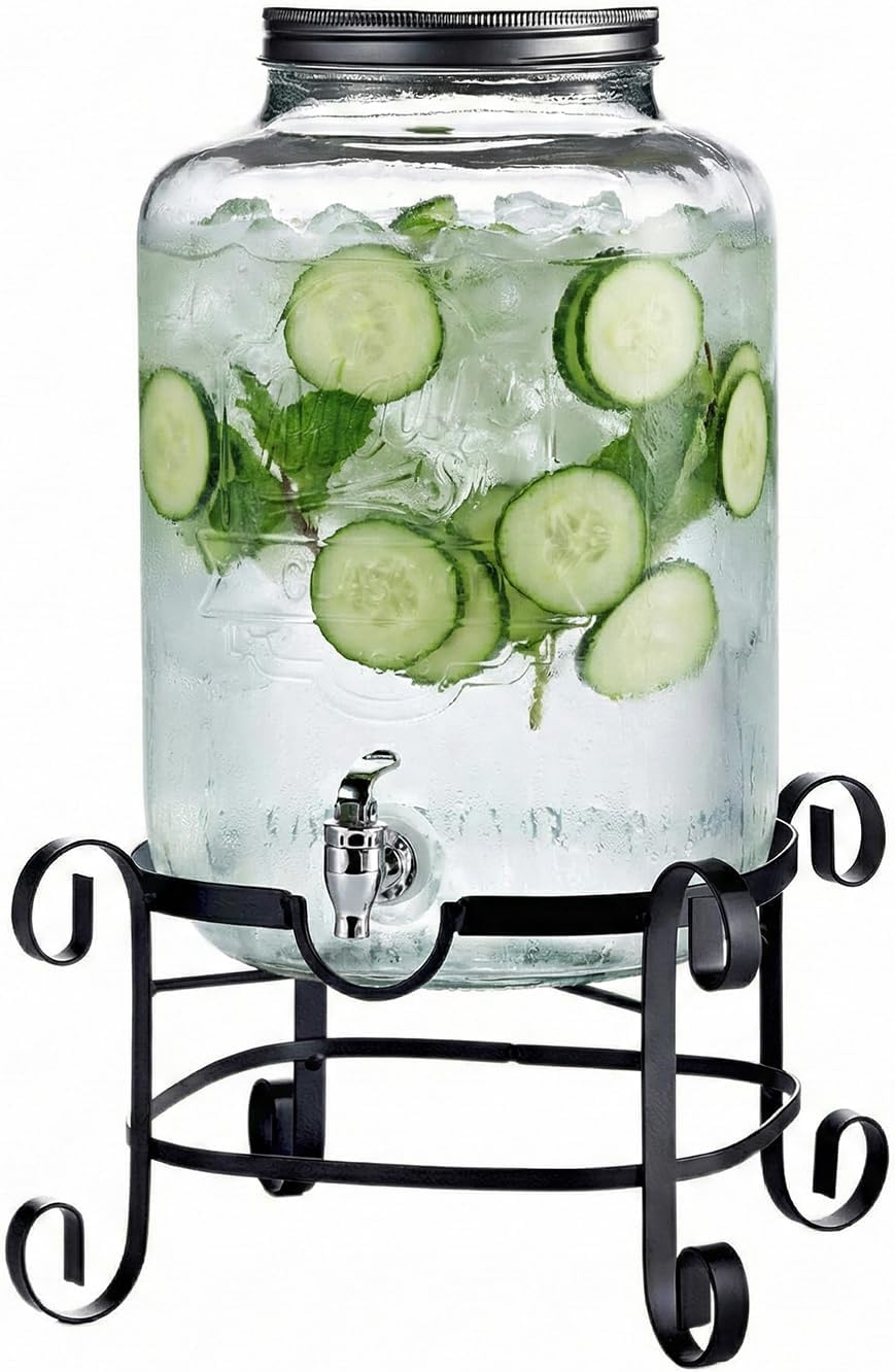 Style Setter Beverage Dispenser Cold Drink Dispenser w/ 3-Gallon Capacity Glass Jug, Metal Stand & Leak-Proof Acrylic Spigot Great for Parties, Weddings & More