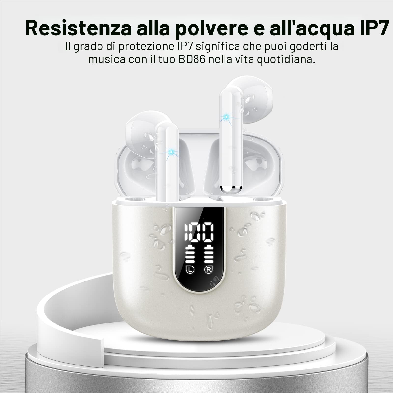Jesebang Cuffie Bluetooth 5.4, Auricolari Stereo HiFi con 4 HD Mic, IP7 Impermeabili, 30 Ore Bianco