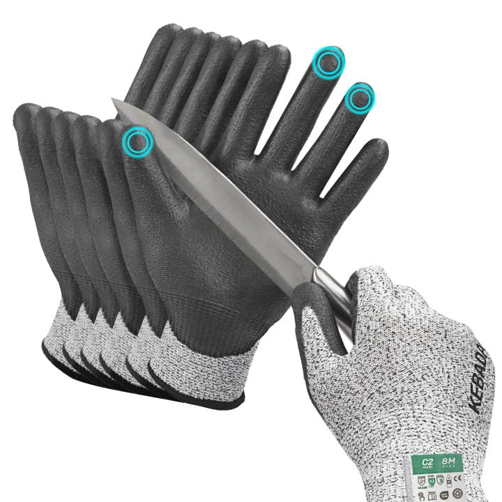 Kebada Cut Resistant Gloves, ANSI A2 Cutting Glove, PU Coated, Touchscreen, Multi-Purpose Model C2, 3 Pairs, Large