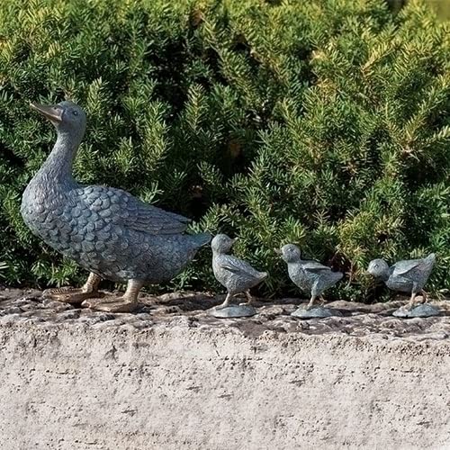 Gray Resin Duck with Ducklings Outdoor Garden Statue Set