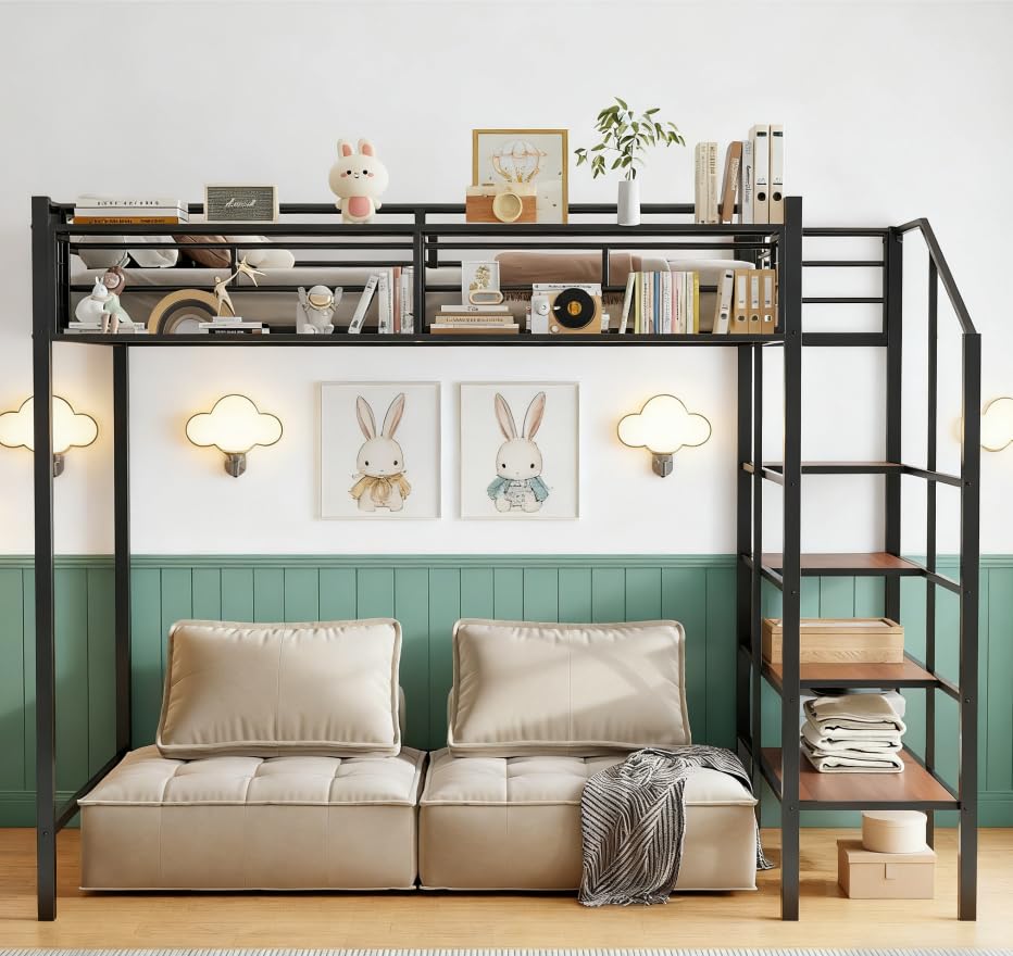 Image of Bellemave Twin Size loft Bed with Storage Stairs and Upper Grid Storage Shelf, Metal Twin Loft Bed Frame for Adults, Kids, Teens, Black